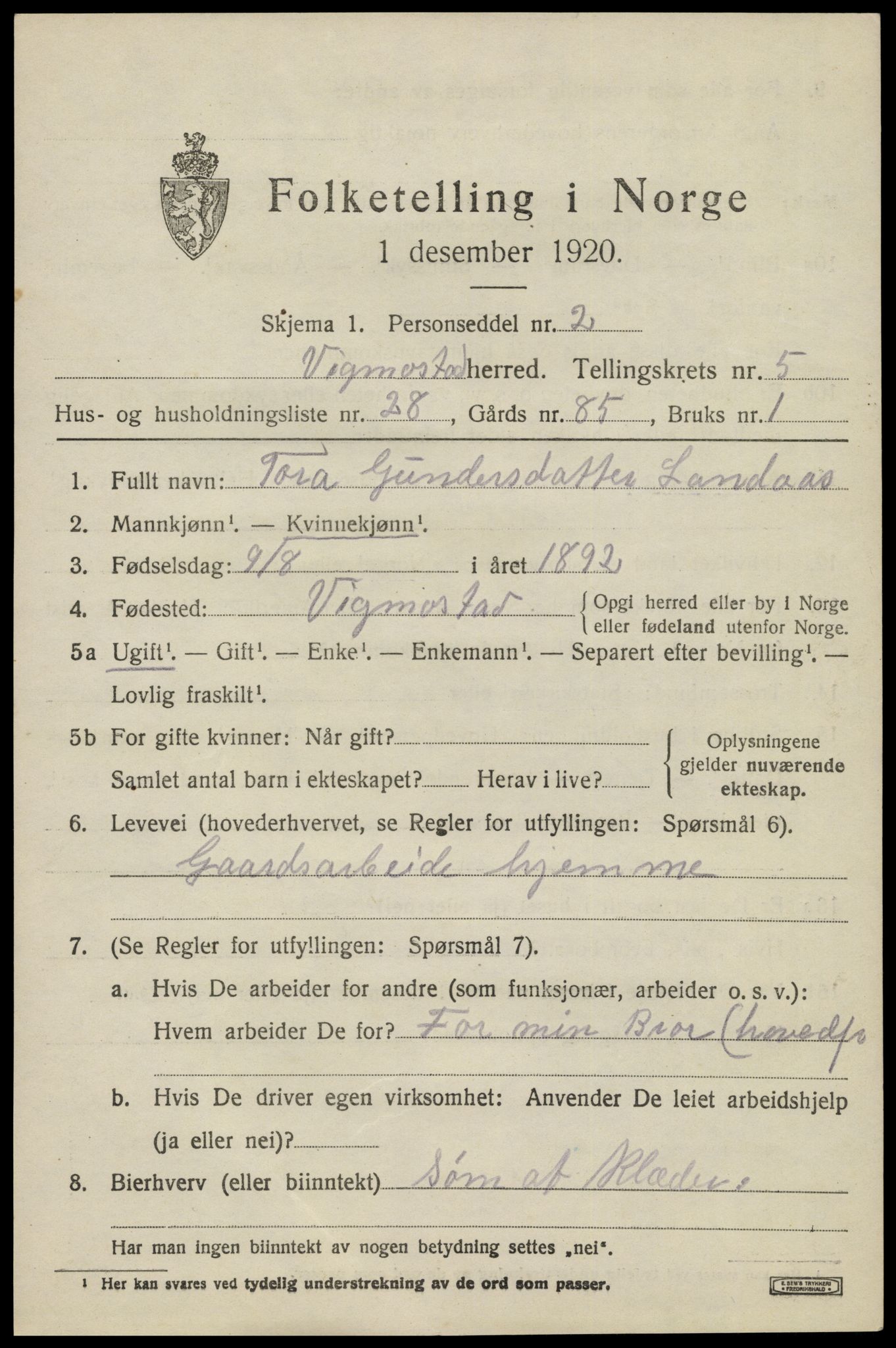 SAK, 1920 census for Vigmostad, 1920, p. 1927