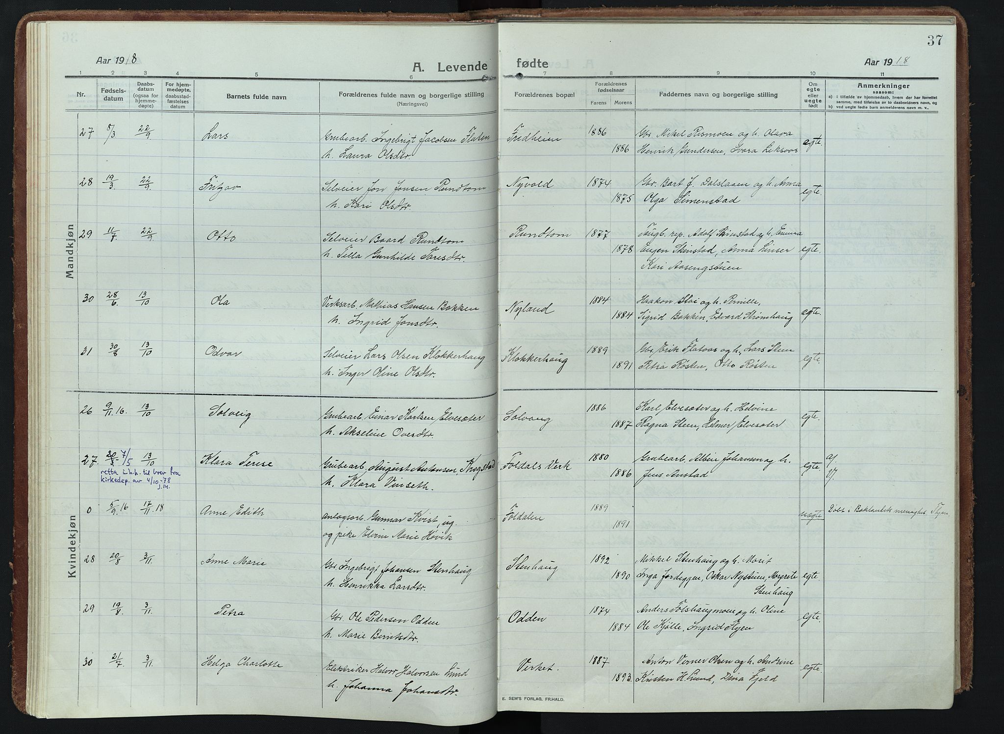 Alvdal prestekontor, AV/SAH-PREST-060/H/Ha/Haa/L0005: Parish register (official) no. 5, 1913-1930, p. 37