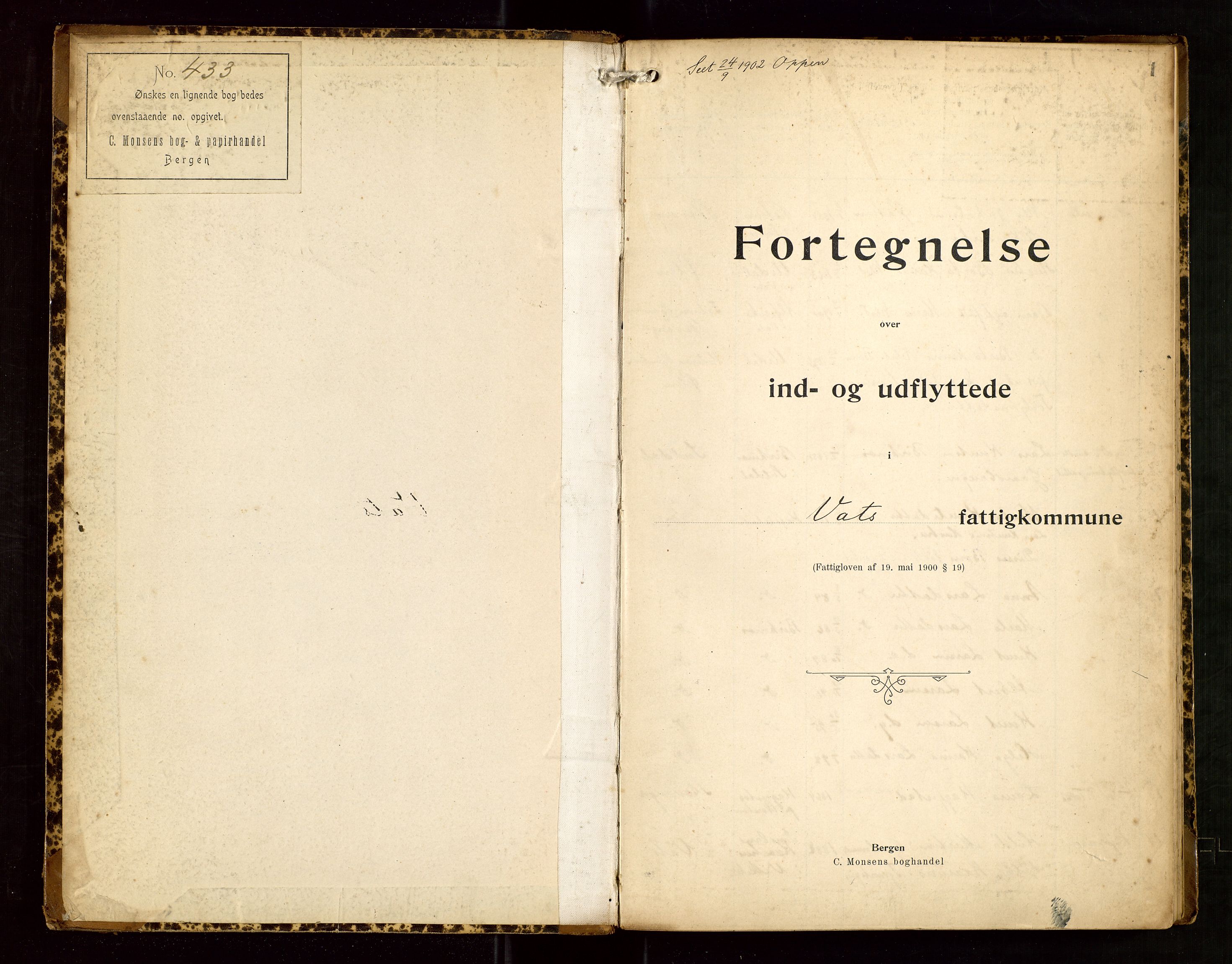 Skjold lensmannskontor, SAST/A-100182/Gwa/L0001: "Fortegnelse over ind- og utflyttede i Vats fattigkommune", 1901-1929, p. 1