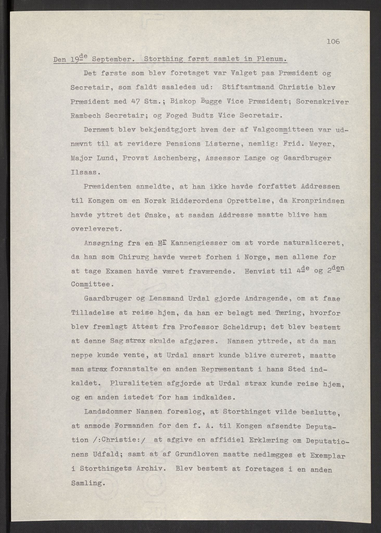 Manuskriptsamlingen, AV/RA-EA-3667/F/L0197: Wetlesen, Hans Jørgen (stortingsmann, ingeniørkaptein); Referat fra Stortinget 1815-1816, 1815-1816, p. 106