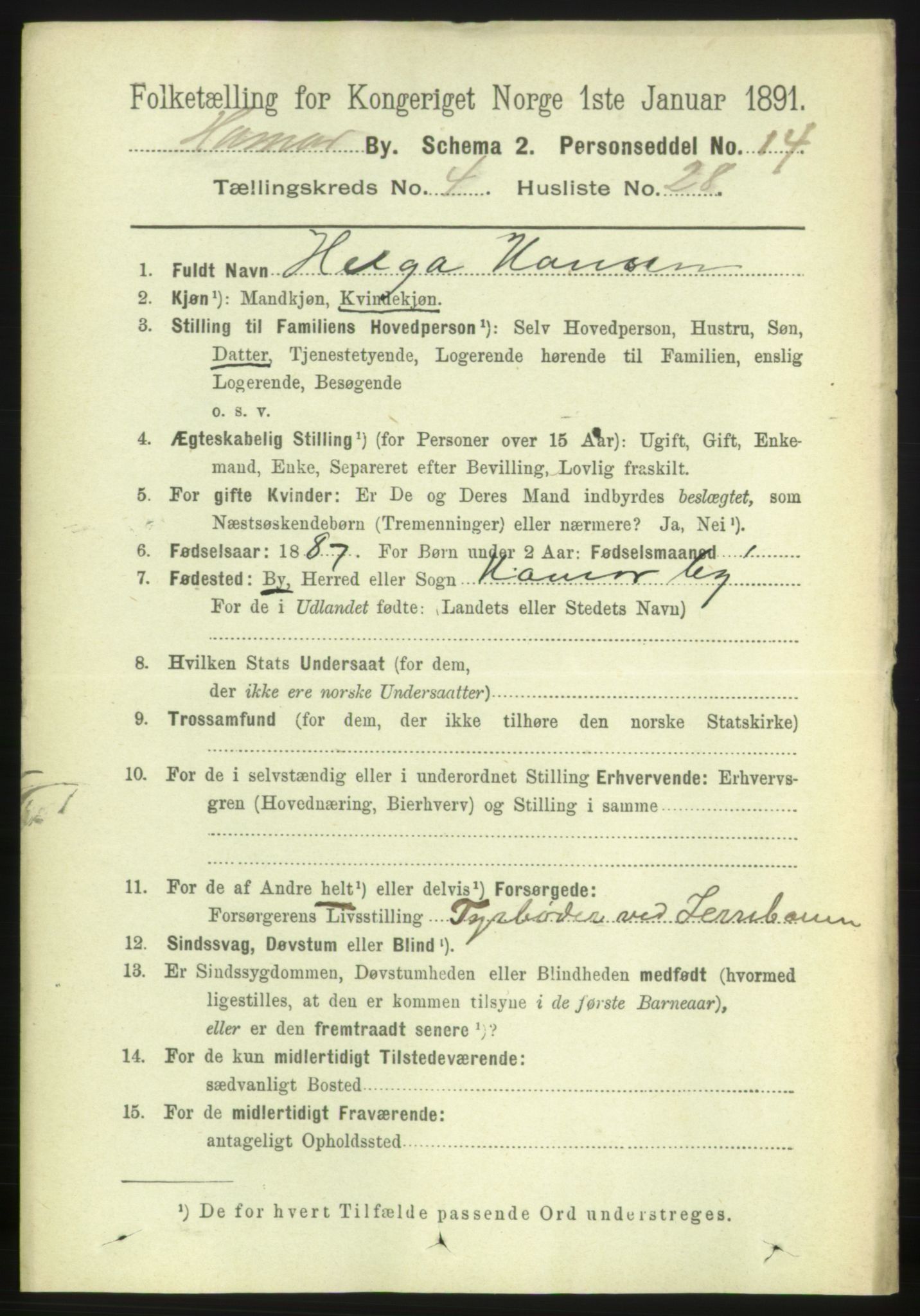 RA, 1891 census for 0401 Hamar, 1891, p. 3331