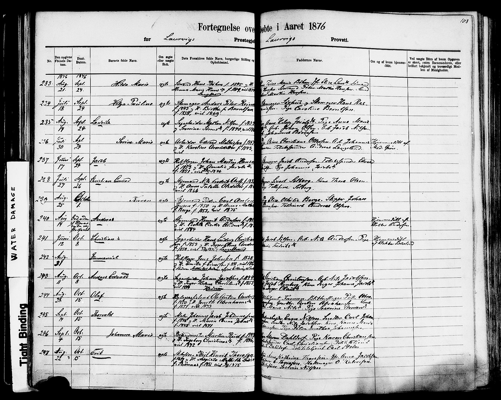 Larvik kirkebøker, AV/SAKO-A-352/F/Fa/L0006: Parish register (official) no. I 6, 1871-1883, p. 108