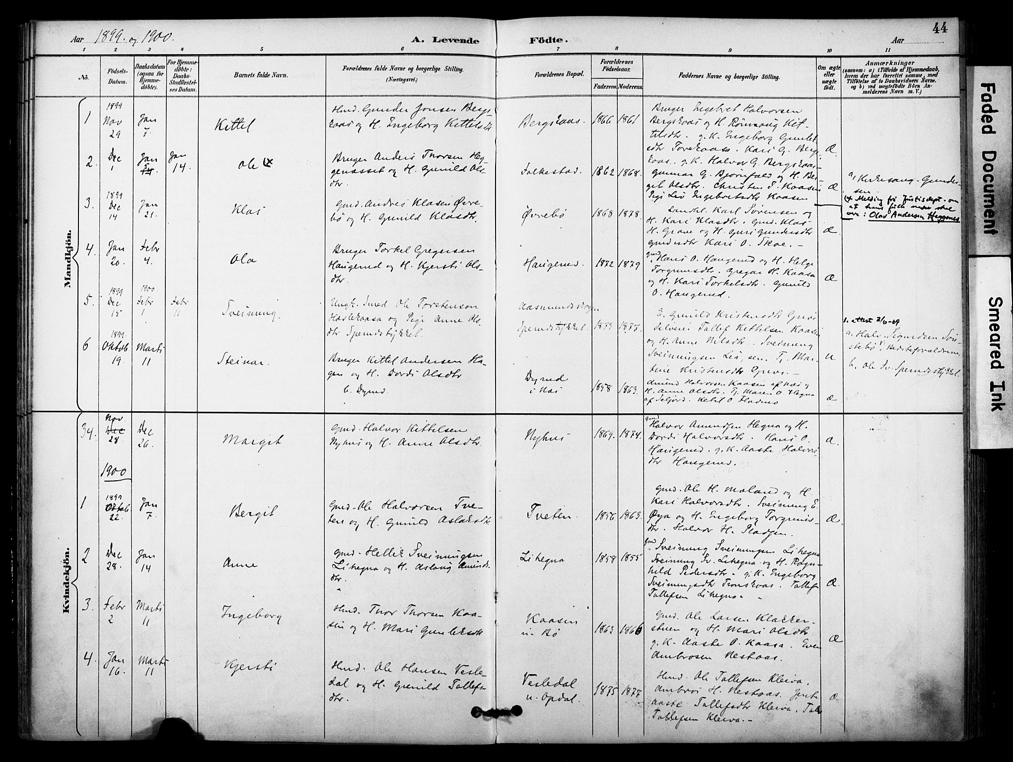Bø kirkebøker, SAKO/A-257/F/Fa/L0011: Parish register (official) no. 11, 1892-1900, p. 44