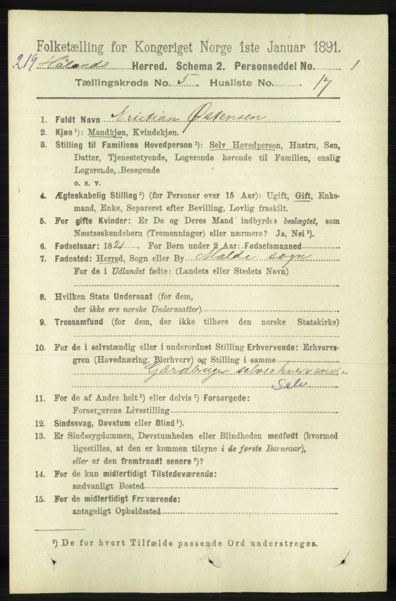 RA, 1891 census for 1124 Haaland, 1891, p. 3383