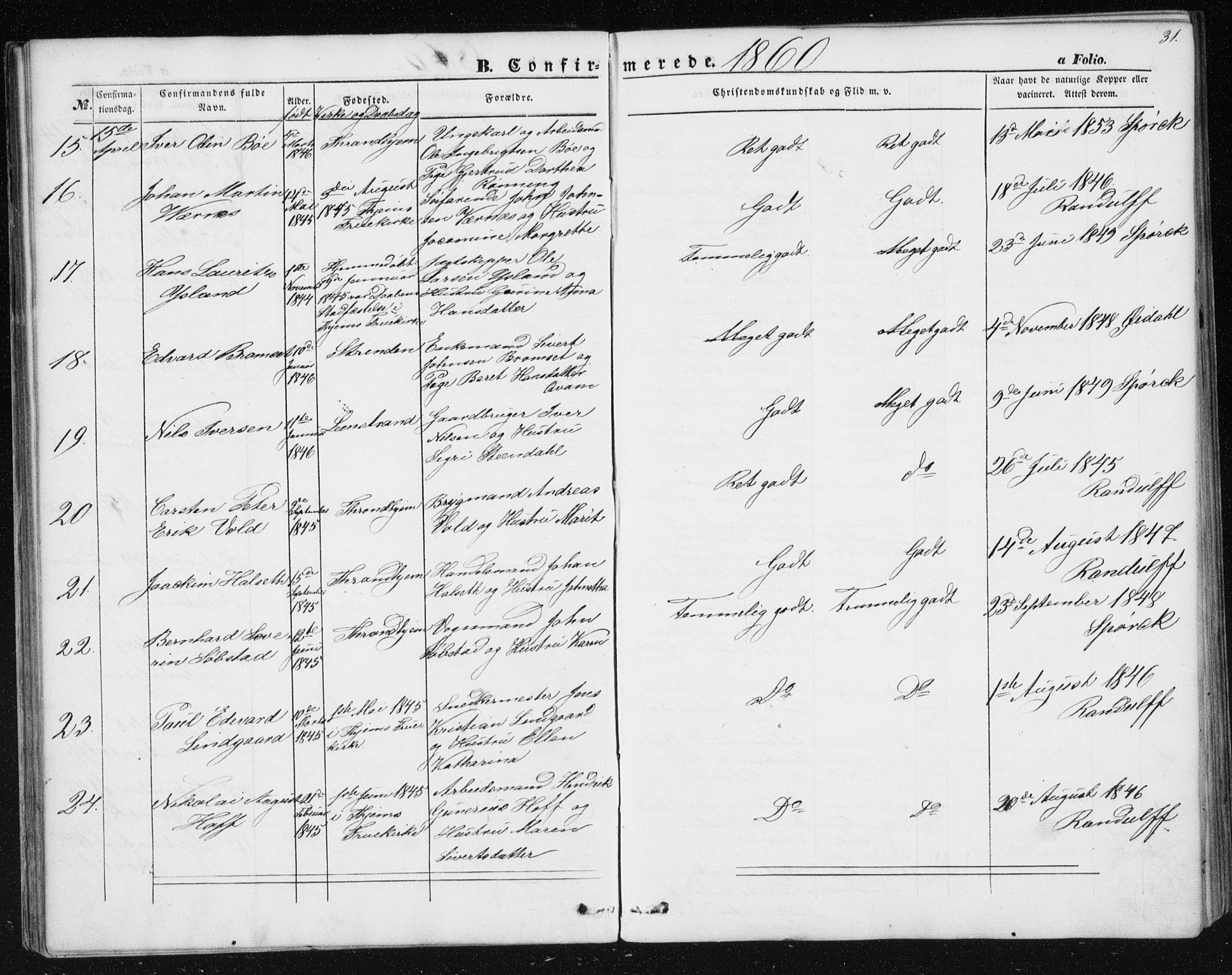 Ministerialprotokoller, klokkerbøker og fødselsregistre - Sør-Trøndelag, SAT/A-1456/602/L0114: Parish register (official) no. 602A12, 1856-1872, p. 31