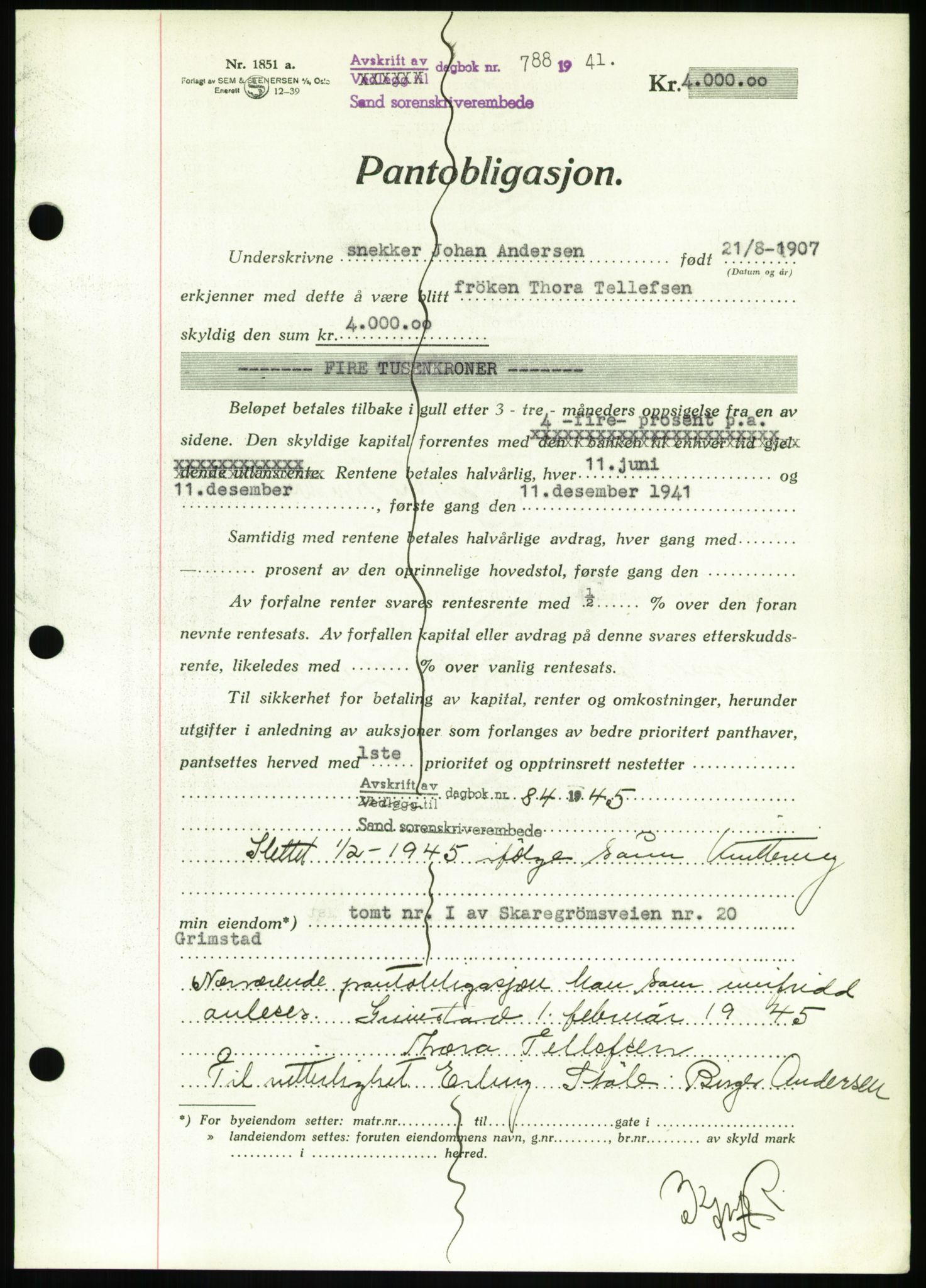 Vestre Nedenes/Sand sorenskriveri, AV/SAK-1221-0010/G/Gb/Gbb/L0002: Mortgage book no. B 2, 1939-1941, Diary no: : 788/1941