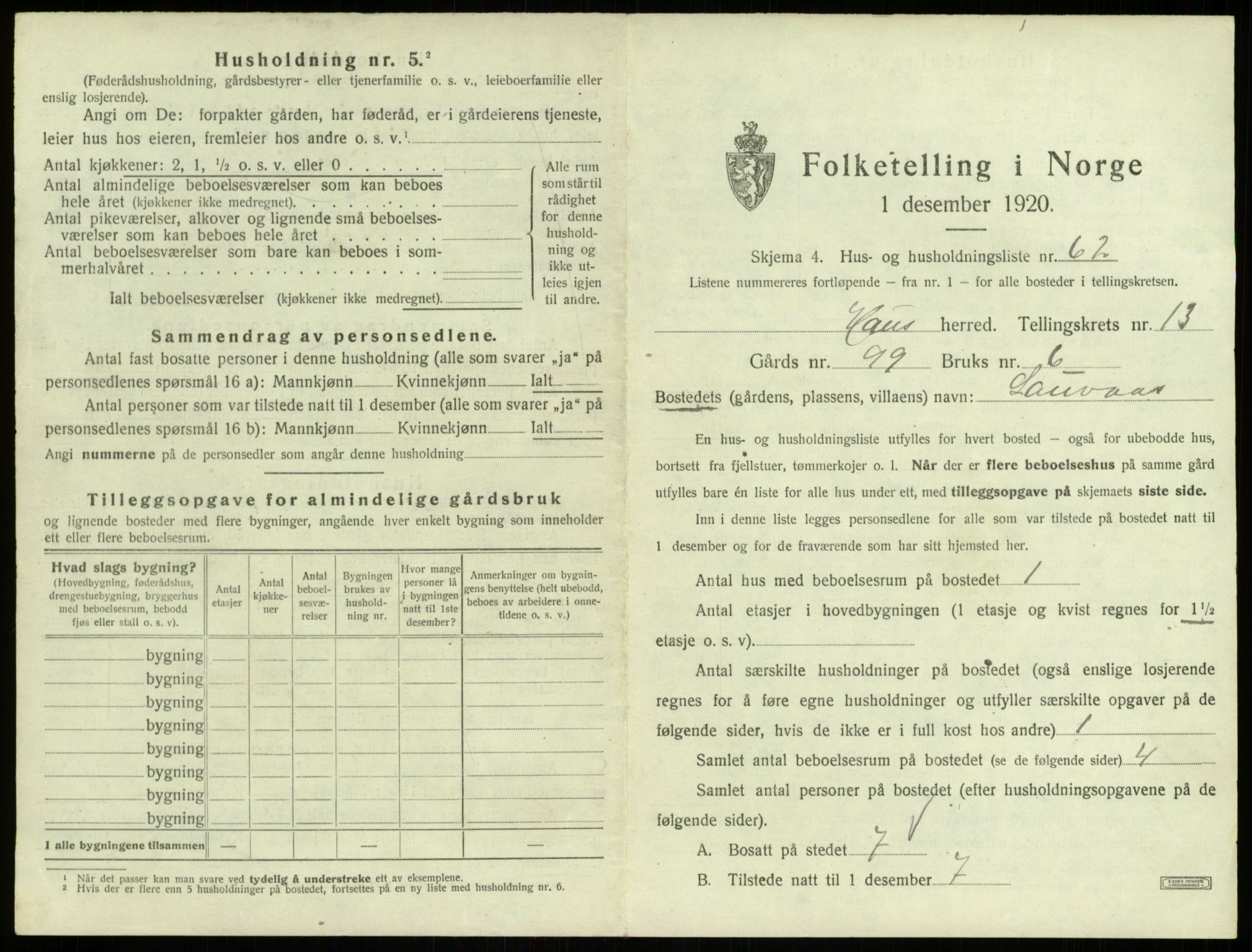 SAB, 1920 census for Haus, 1920, p. 1133