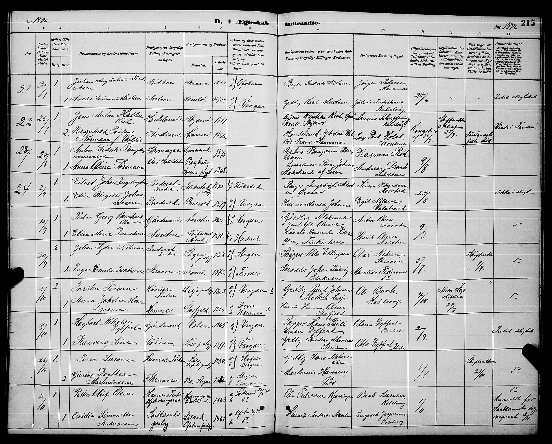 Ministerialprotokoller, klokkerbøker og fødselsregistre - Nordland, AV/SAT-A-1459/874/L1077: Parish register (copy) no. 874C06, 1891-1900, p. 215