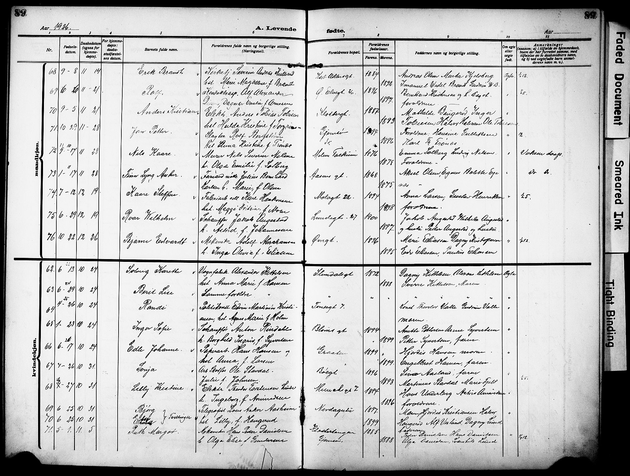 Skien kirkebøker, AV/SAKO-A-302/G/Ga/L0010: Parish register (copy) no. 10, 1920-1931, p. 89
