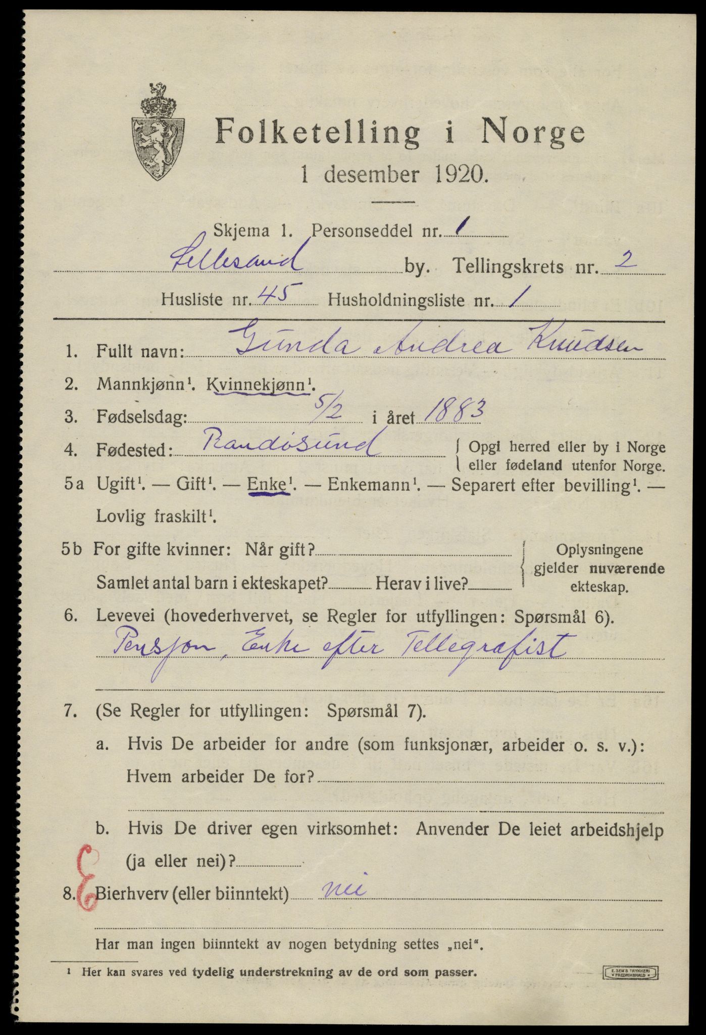 SAK, 1920 census for Lillesand, 1920, p. 2887