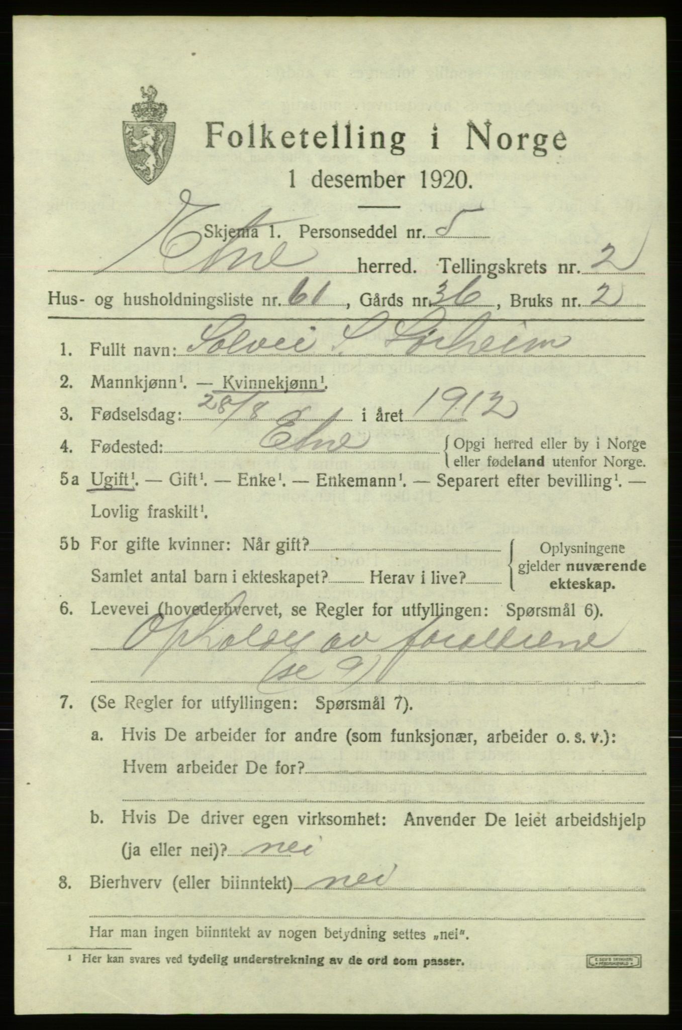 SAB, 1920 census for Etne, 1920, p. 1699