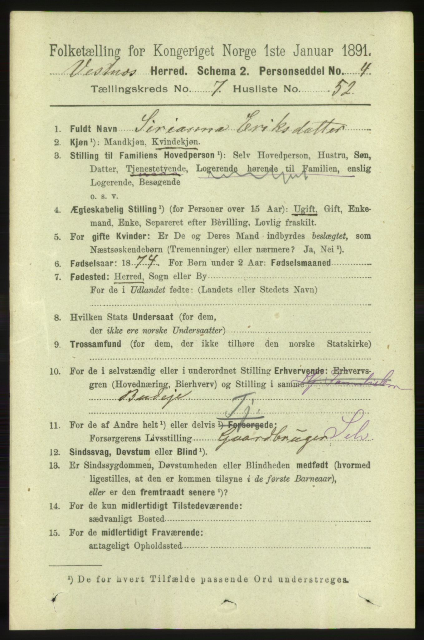 RA, 1891 census for 1535 Vestnes, 1891, p. 2986