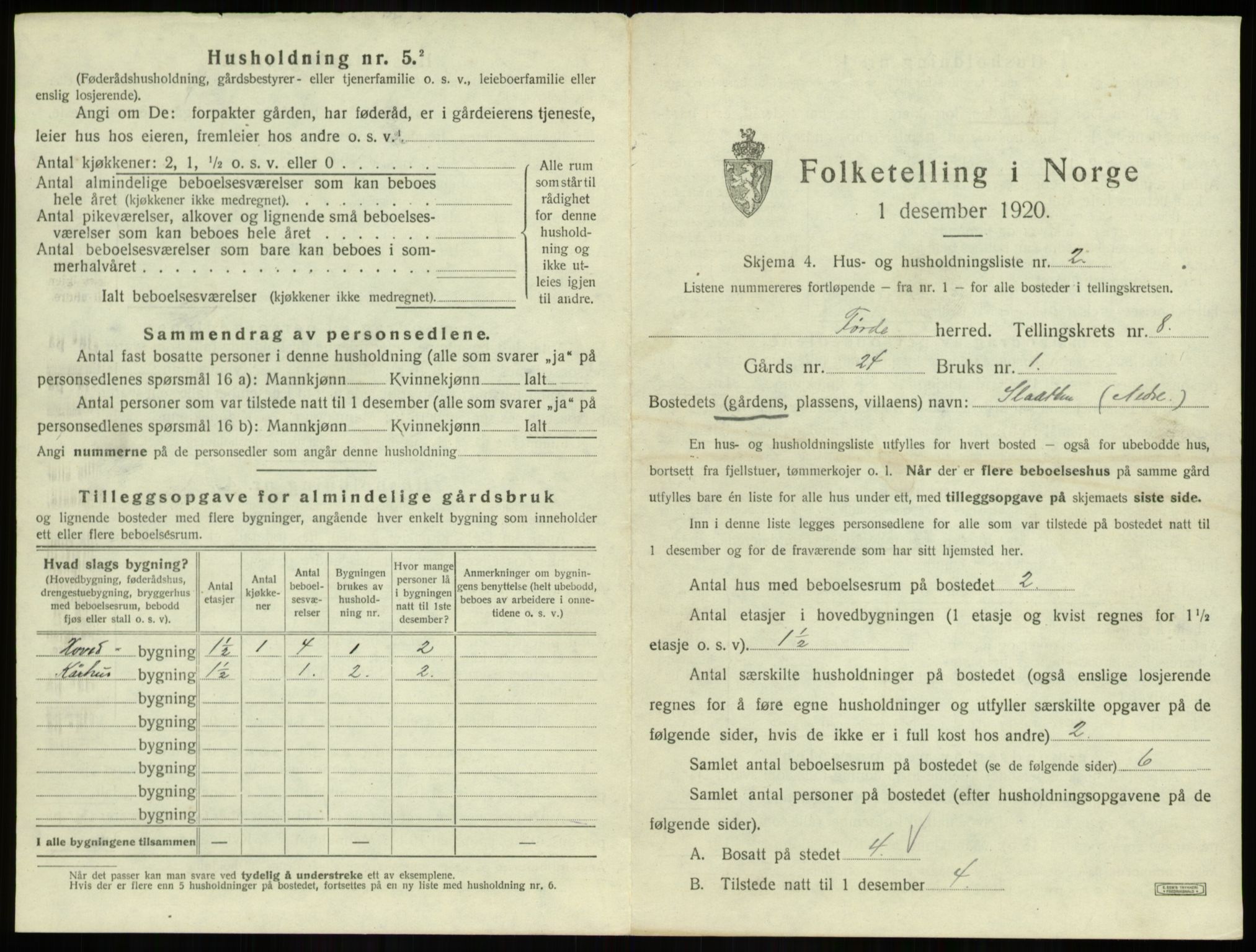 SAB, 1920 census for Førde, 1920, p. 441