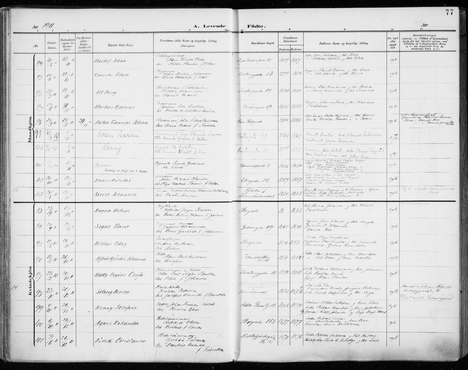 Tromsø sokneprestkontor/stiftsprosti/domprosti, SATØ/S-1343/G/Ga/L0017kirke: Parish register (official) no. 17, 1907-1917, p. 77