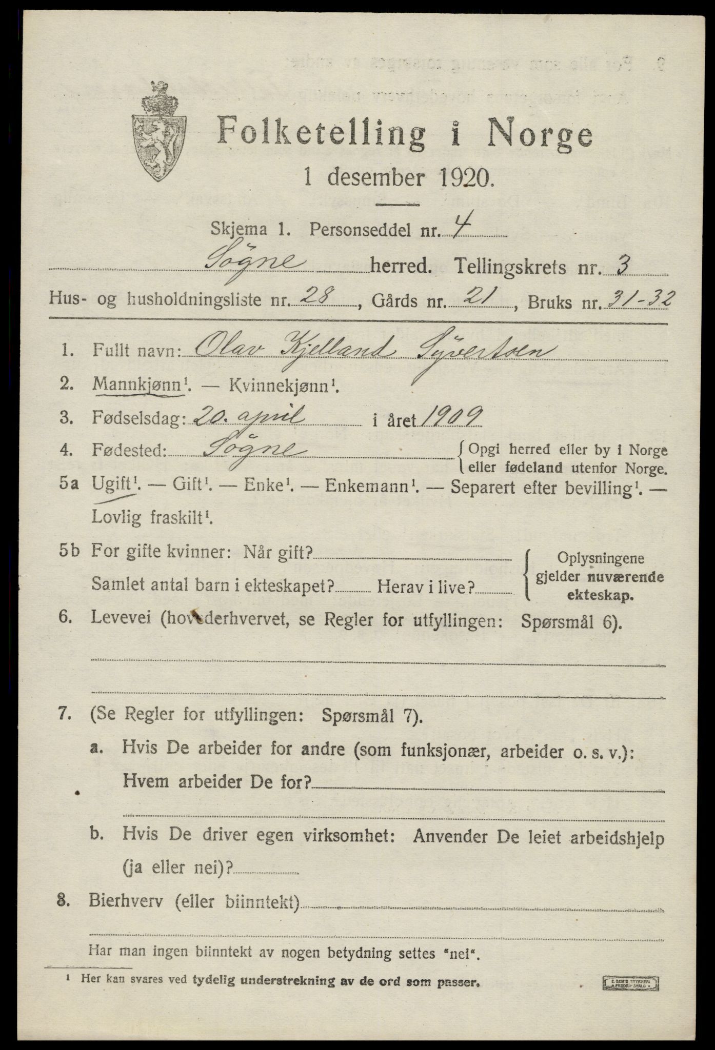 SAK, 1920 census for Søgne, 1920, p. 1879