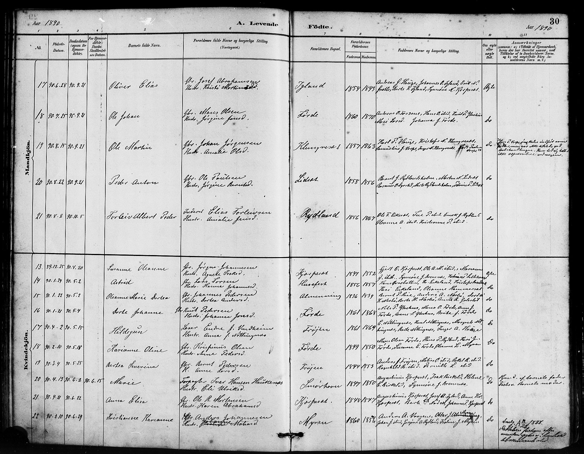 Bremanger sokneprestembete, AV/SAB-A-82201/H/Haa/Haab/L0001: Parish register (official) no. B 1, 1884-1895, p. 30