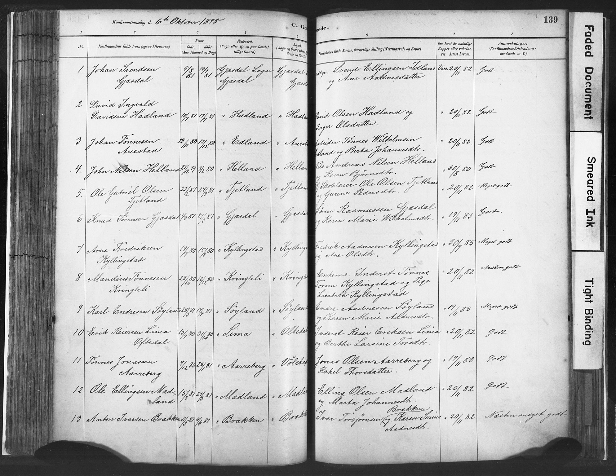 Lye sokneprestkontor, SAST/A-101794/001/30BA/L0010: Parish register (official) no. A 10, 1881-1896, p. 139