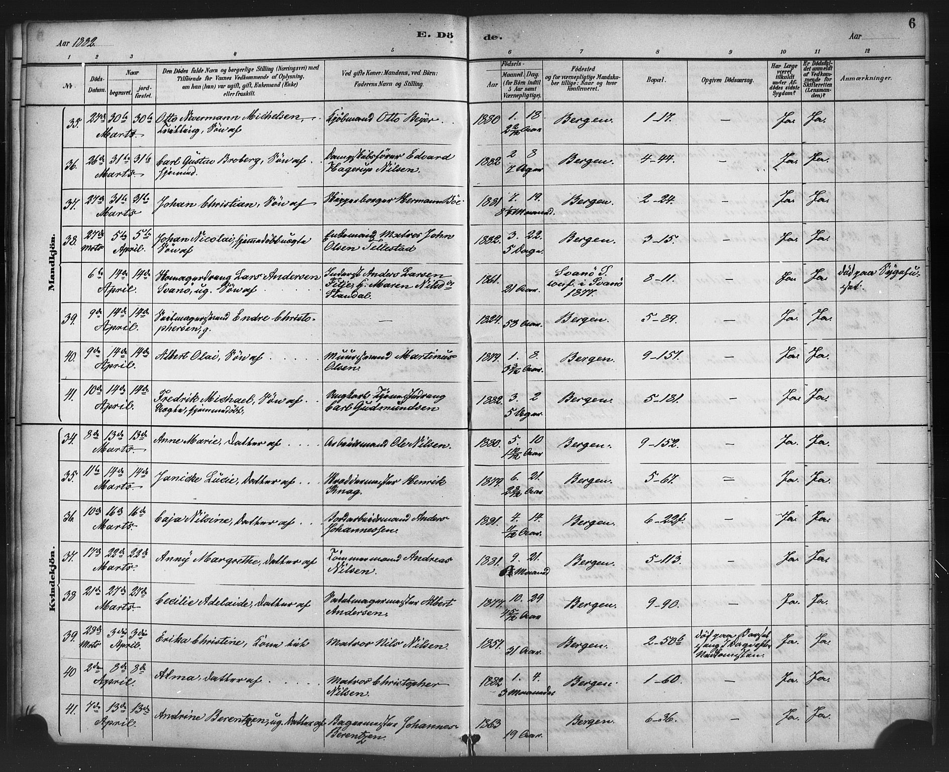 Nykirken Sokneprestembete, AV/SAB-A-77101/H/Haa/L0044: Parish register (official) no. E 4, 1882-1898, p. 6