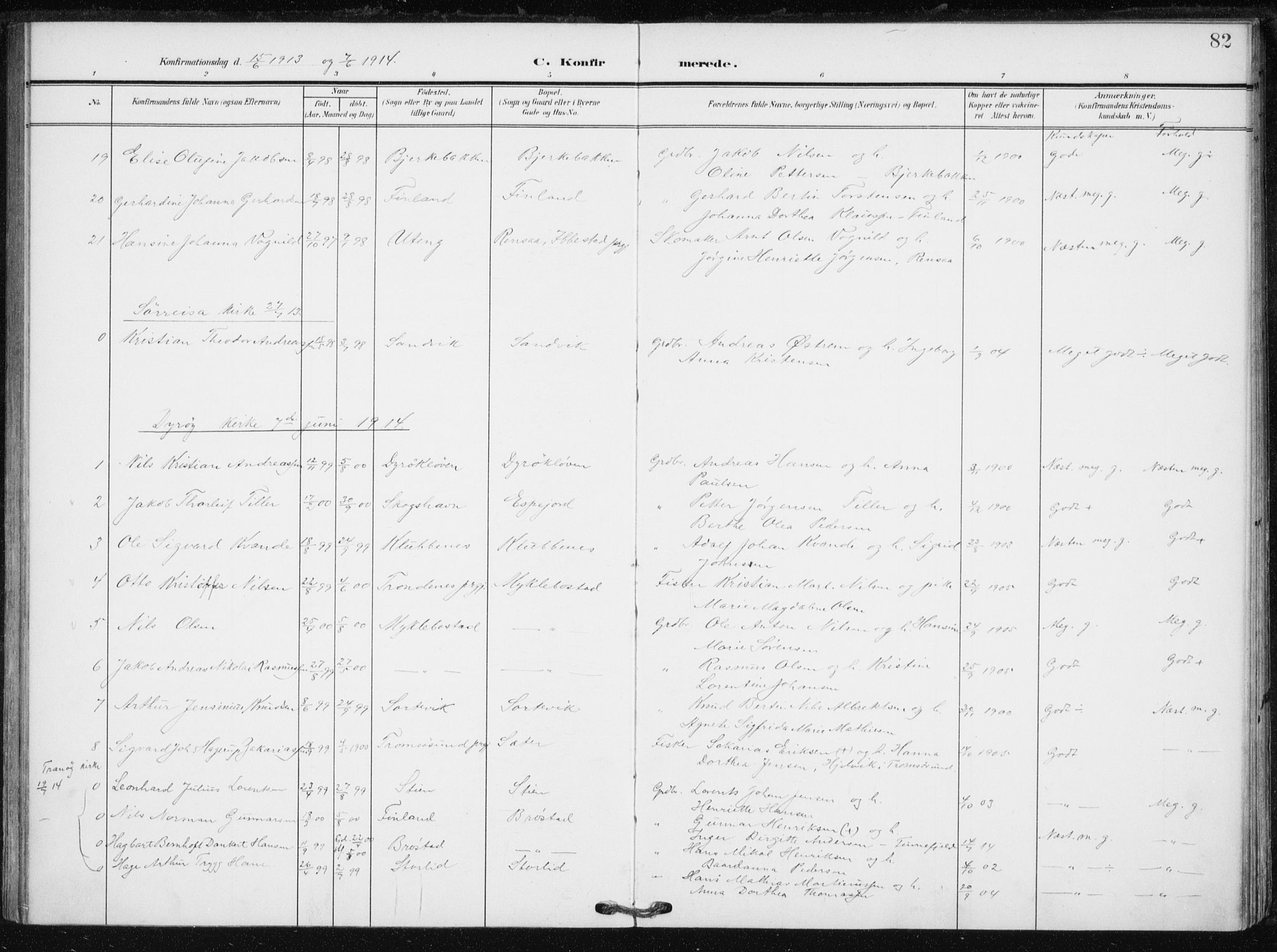 Tranøy sokneprestkontor, SATØ/S-1313/I/Ia/Iaa/L0013kirke: Parish register (official) no. 13, 1905-1922, p. 82