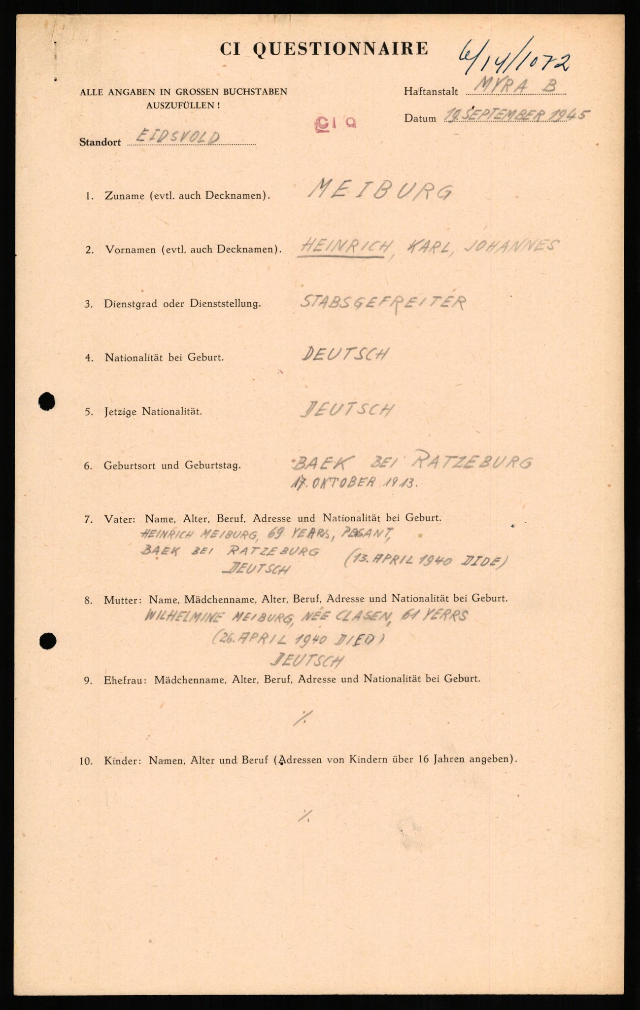 Forsvaret, Forsvarets overkommando II, AV/RA-RAFA-3915/D/Db/L0021: CI Questionaires. Tyske okkupasjonsstyrker i Norge. Tyskere., 1945-1946, p. 302