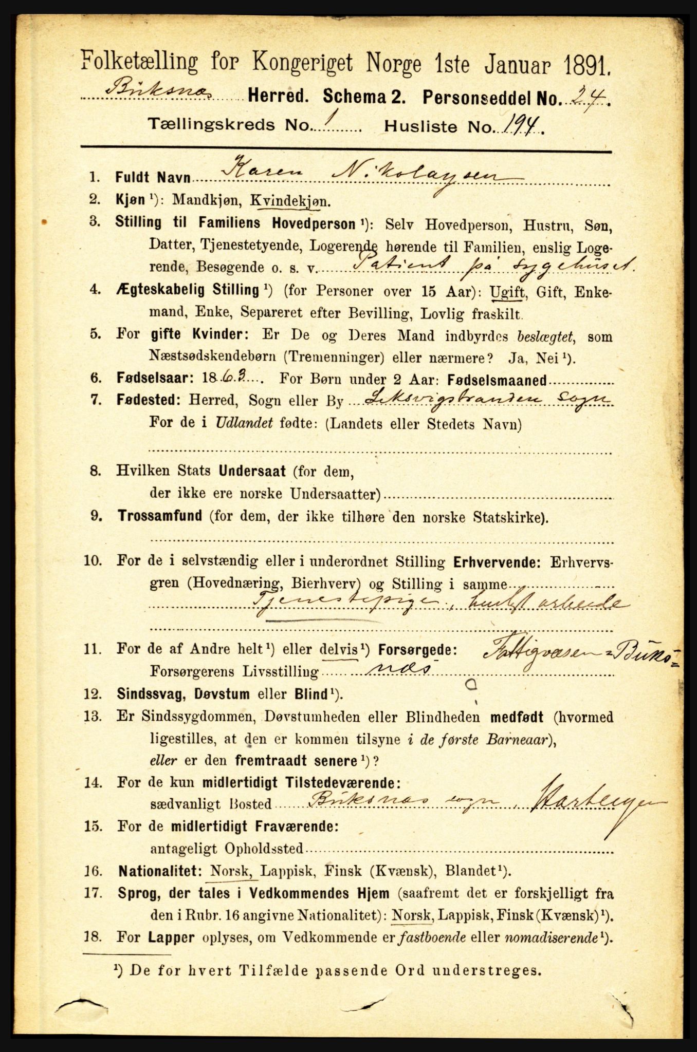 RA, 1891 census for 1860 Buksnes, 1891, p. 1507