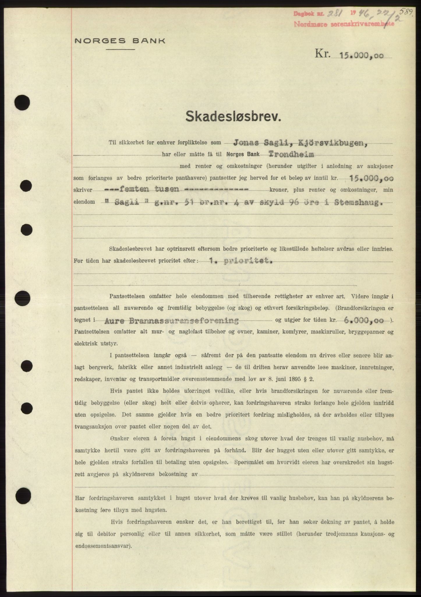 Nordmøre sorenskriveri, AV/SAT-A-4132/1/2/2Ca: Mortgage book no. B93b, 1946-1946, Diary no: : 281/1946