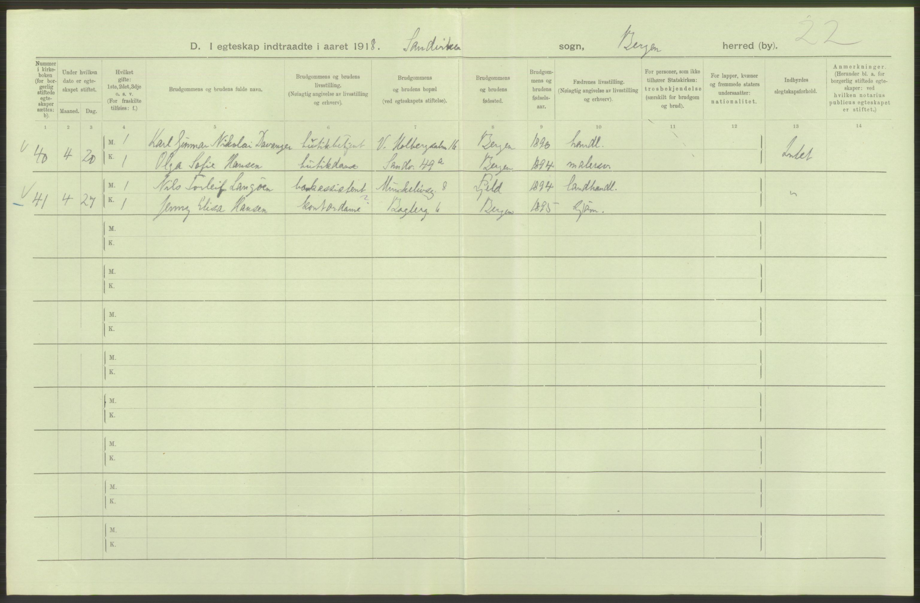 Statistisk sentralbyrå, Sosiodemografiske emner, Befolkning, AV/RA-S-2228/D/Df/Dfb/Dfbh/L0038: Bergen: Gifte, dødfødte., 1918, p. 68