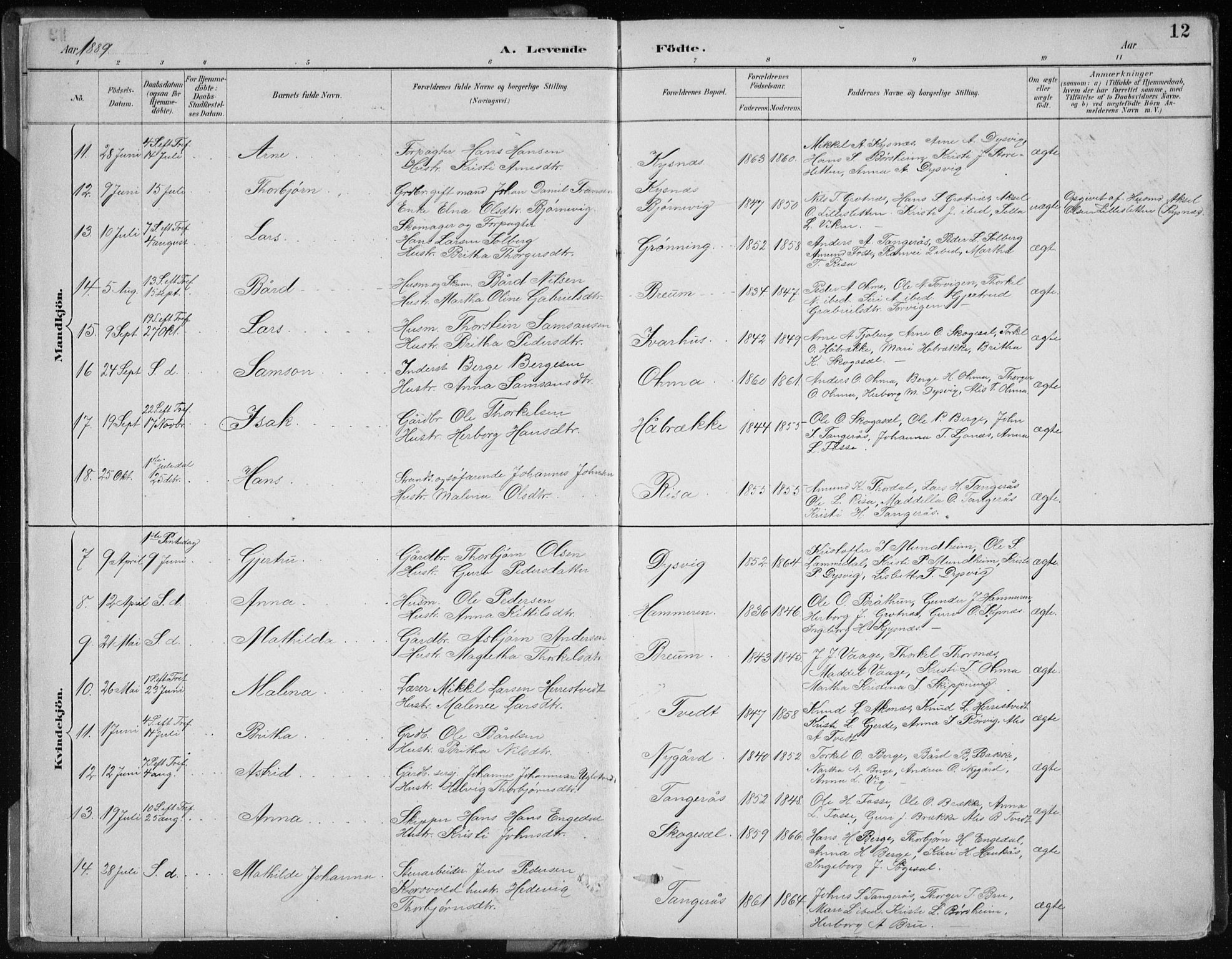 Strandebarm sokneprestembete, SAB/A-78401/H/Haa: Parish register (official) no. B  1, 1886-1908, p. 12
