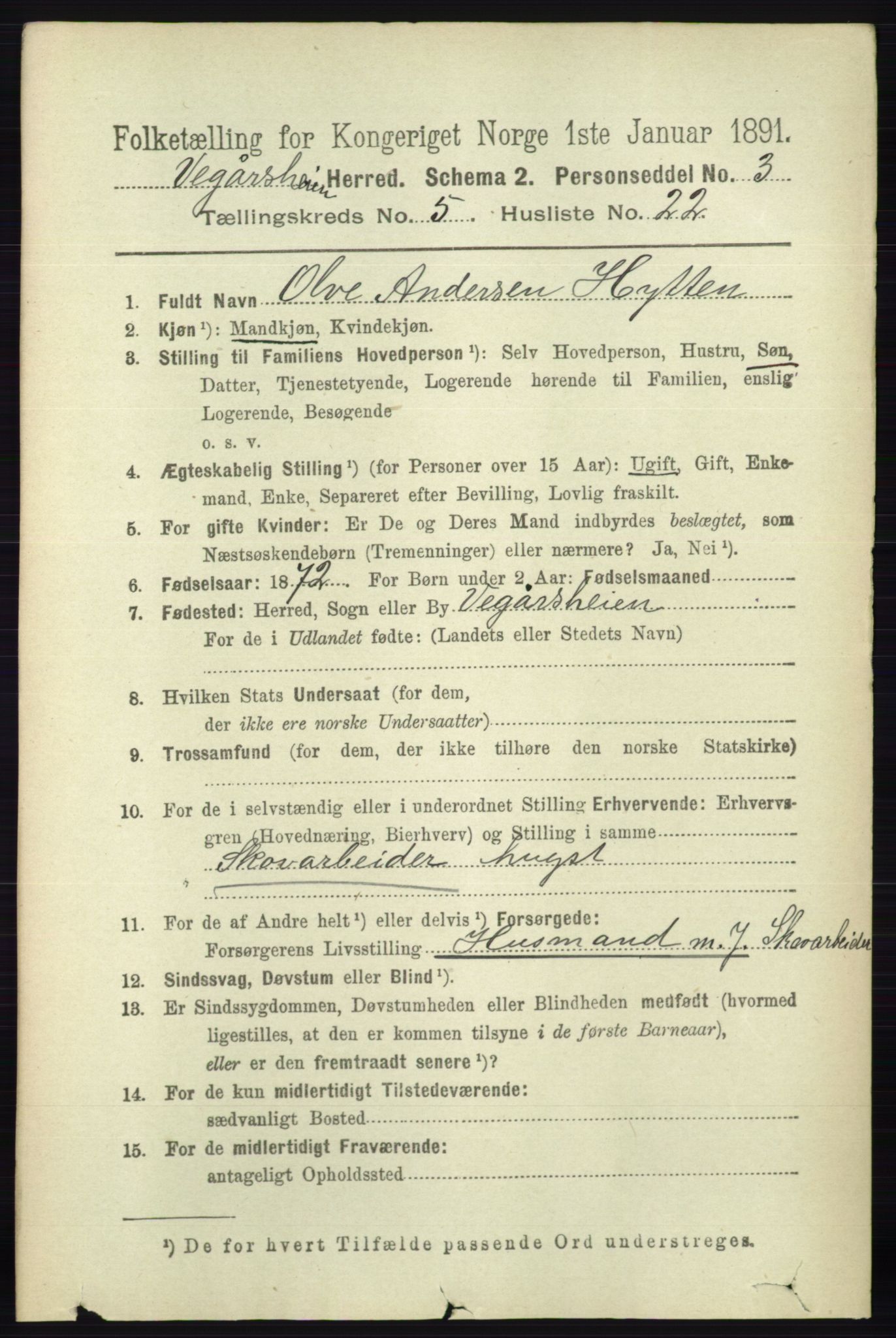 RA, 1891 census for 0912 Vegårshei, 1891, p. 1126