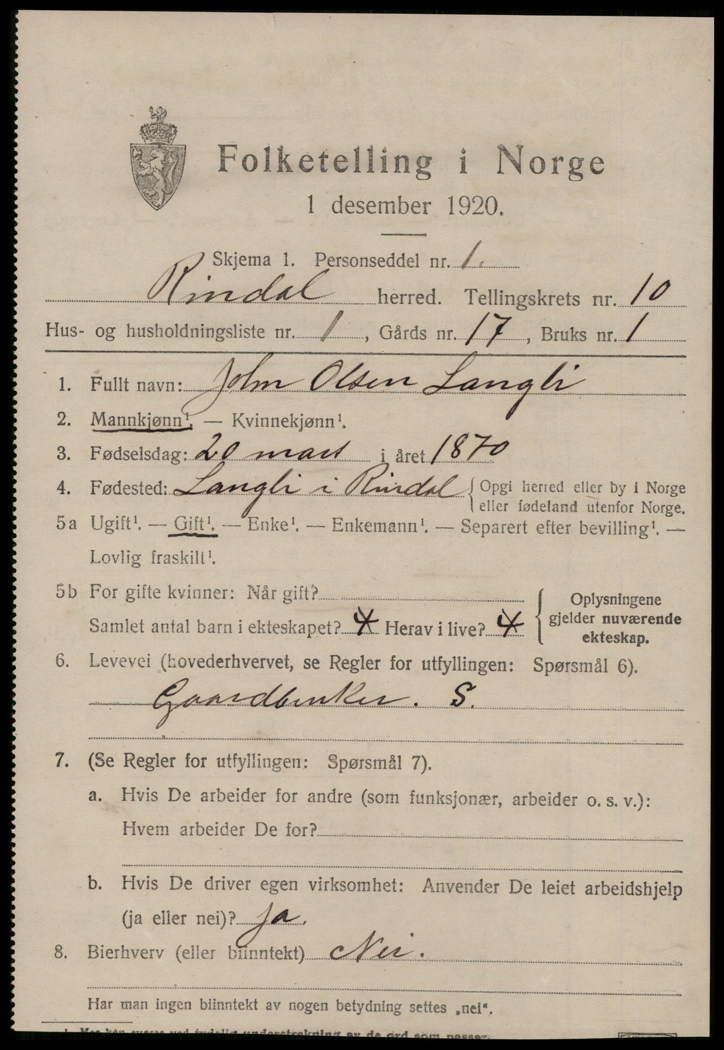 SAT, 1920 census for Rindal, 1920, p. 5152