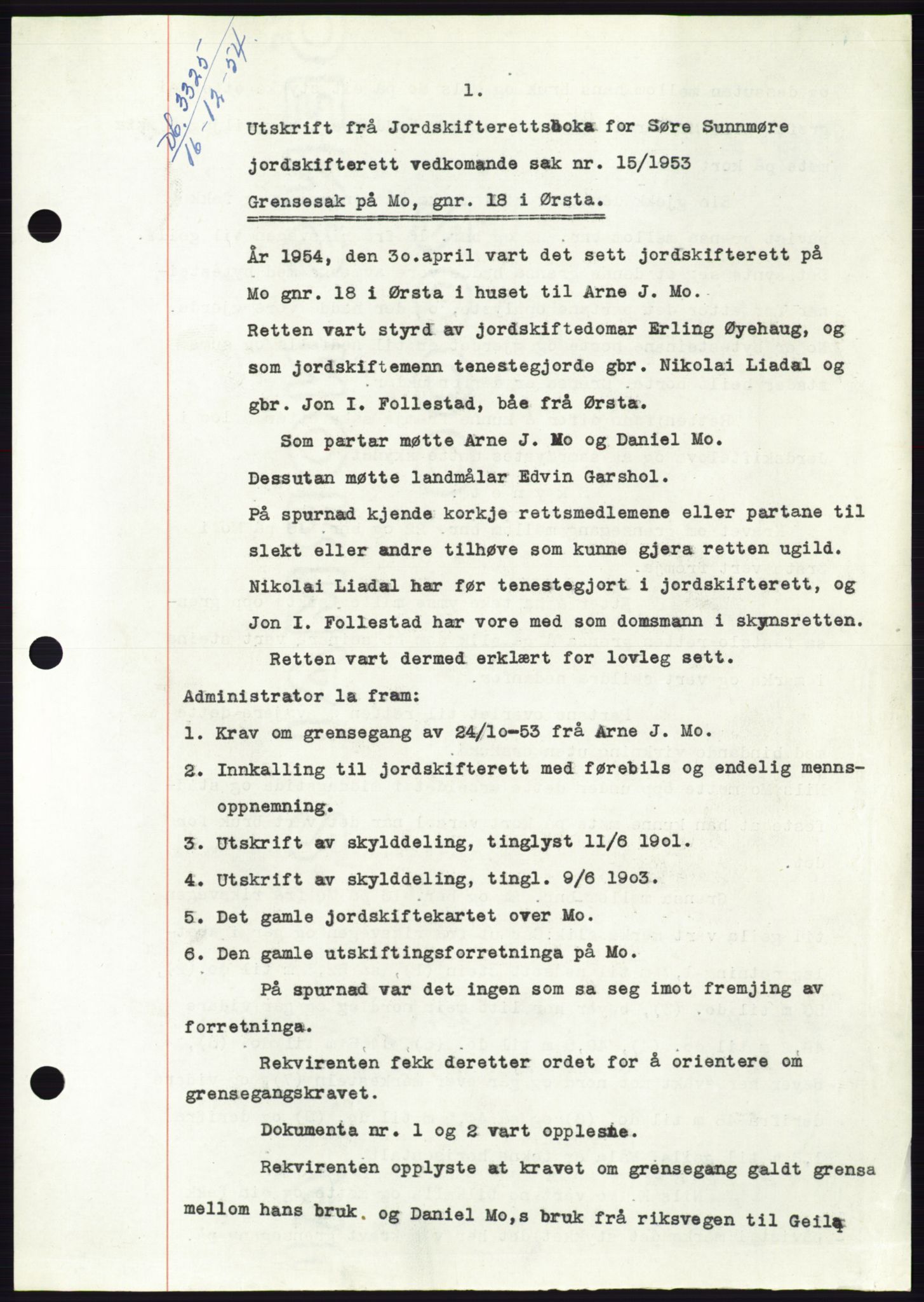 Søre Sunnmøre sorenskriveri, AV/SAT-A-4122/1/2/2C/L0099: Mortgage book no. 25A, 1954-1954, Diary no: : 3325/1954