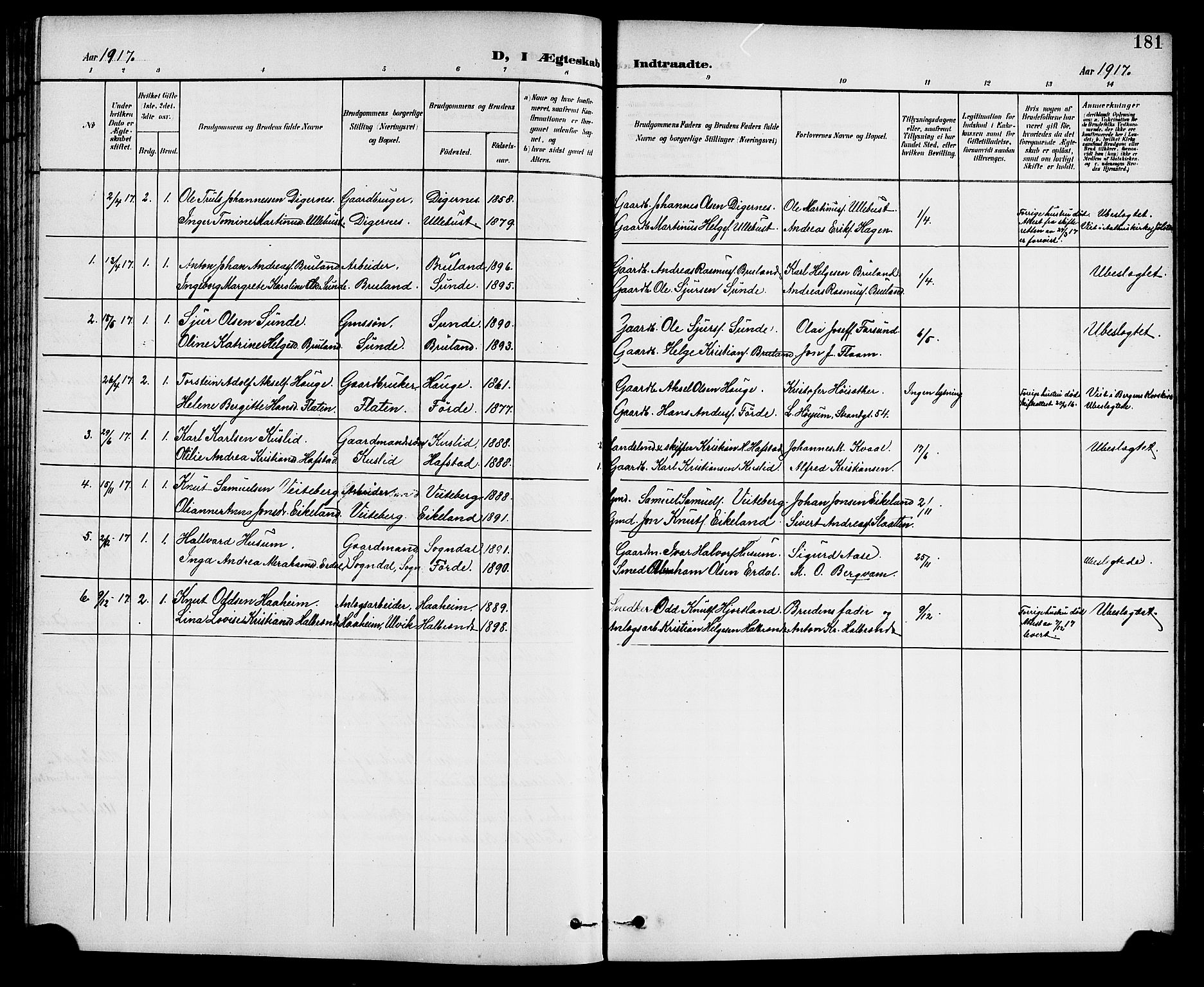 Førde sokneprestembete, AV/SAB-A-79901/H/Hab/Haba/L0003: Parish register (copy) no. A 3, 1899-1924, p. 181