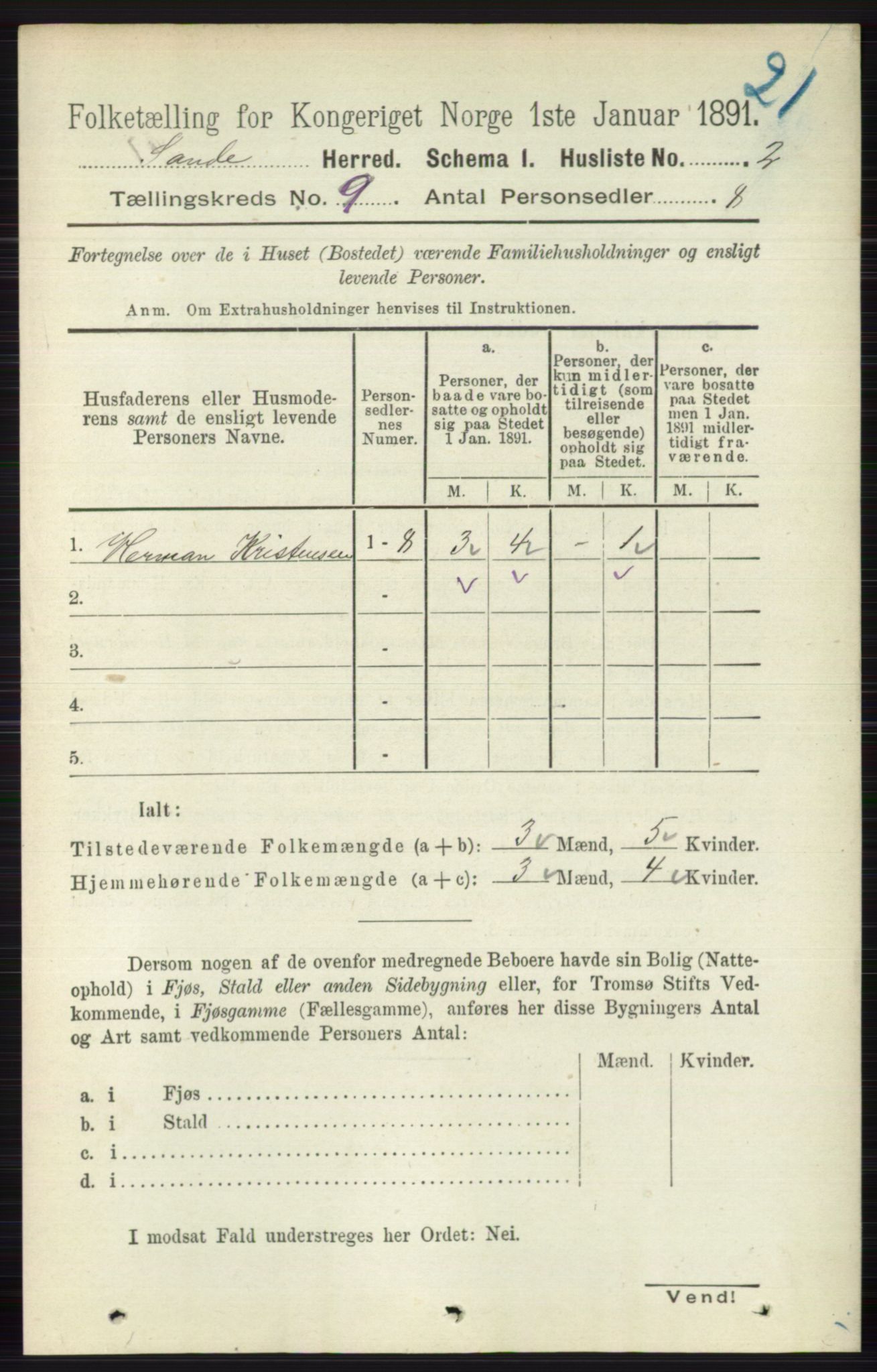 RA, 1891 census for 0713 Sande, 1891, p. 3846