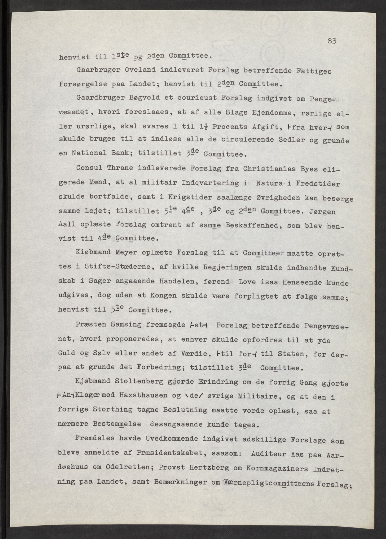 Manuskriptsamlingen, AV/RA-EA-3667/F/L0197: Wetlesen, Hans Jørgen (stortingsmann, ingeniørkaptein); Referat fra Stortinget 1815-1816, 1815-1816, p. 83