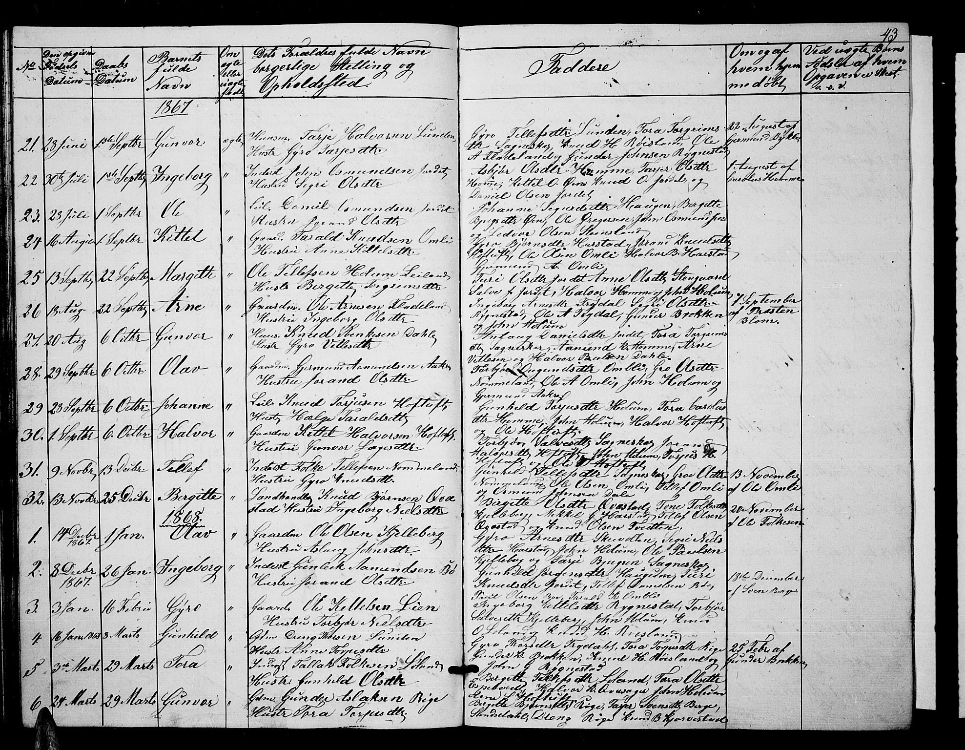 Valle sokneprestkontor, SAK/1111-0044/F/Fb/Fbc/L0002: Parish register (copy) no. B 2, 1848-1870, p. 43