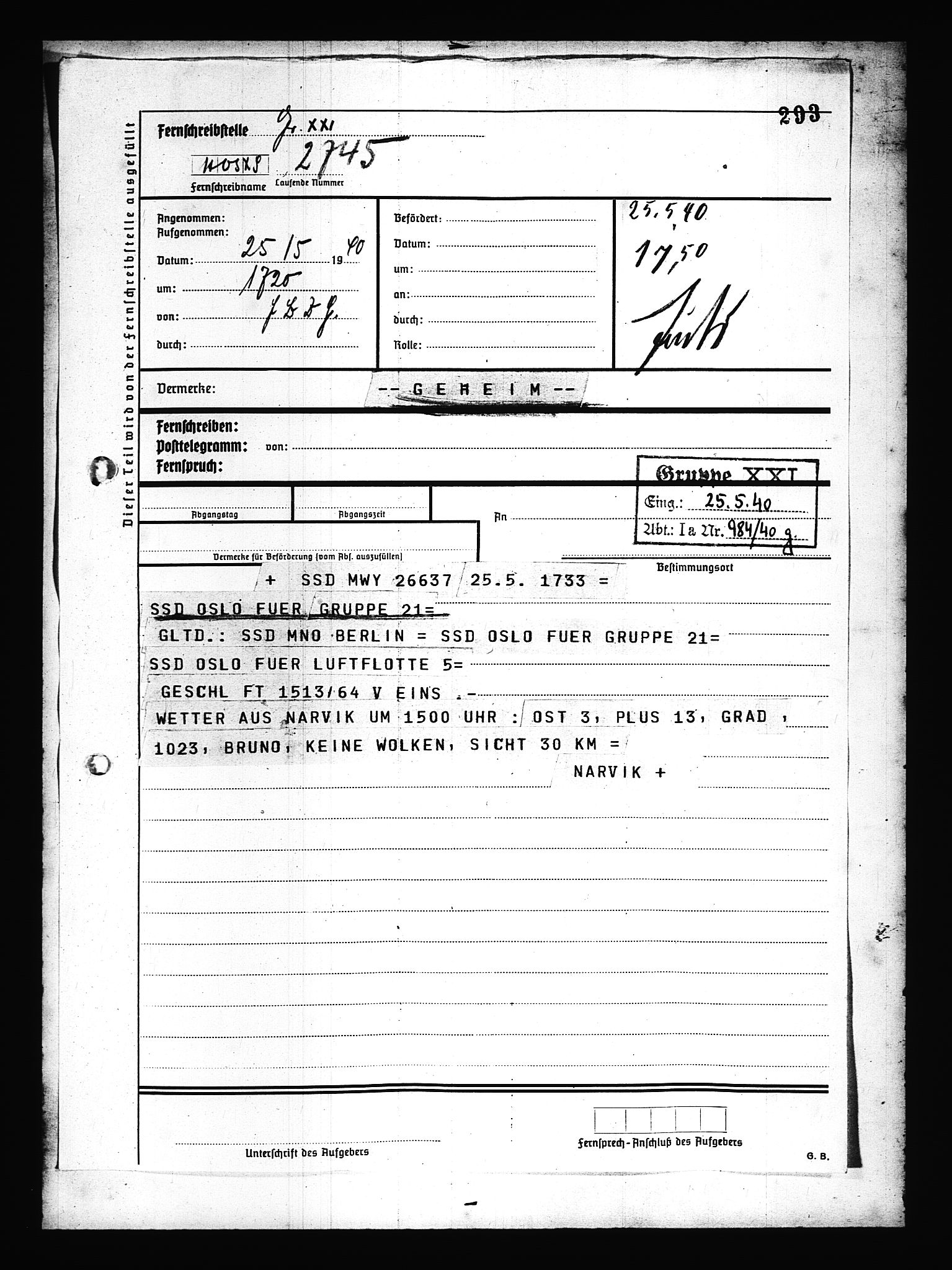 Documents Section, AV/RA-RAFA-2200/V/L0078: Amerikansk mikrofilm "Captured German Documents".
Box No. 717.  FKA jnr. 601/1954., 1940, p. 400