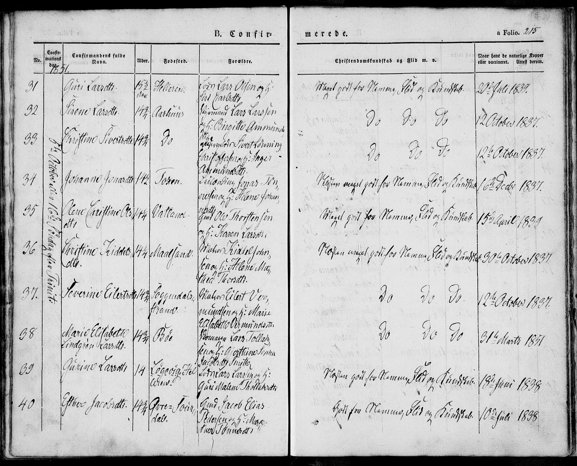 Sokndal sokneprestkontor, SAST/A-101808: Parish register (official) no. A 8.1, 1842-1857, p. 215