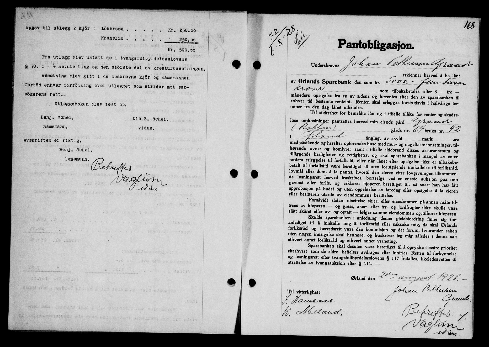 Fosen sorenskriveri, AV/SAT-A-1107/1/2/2C/L0067: Mortgage book no. 58, 1928-1929, p. 168, Deed date: 06.08.1928