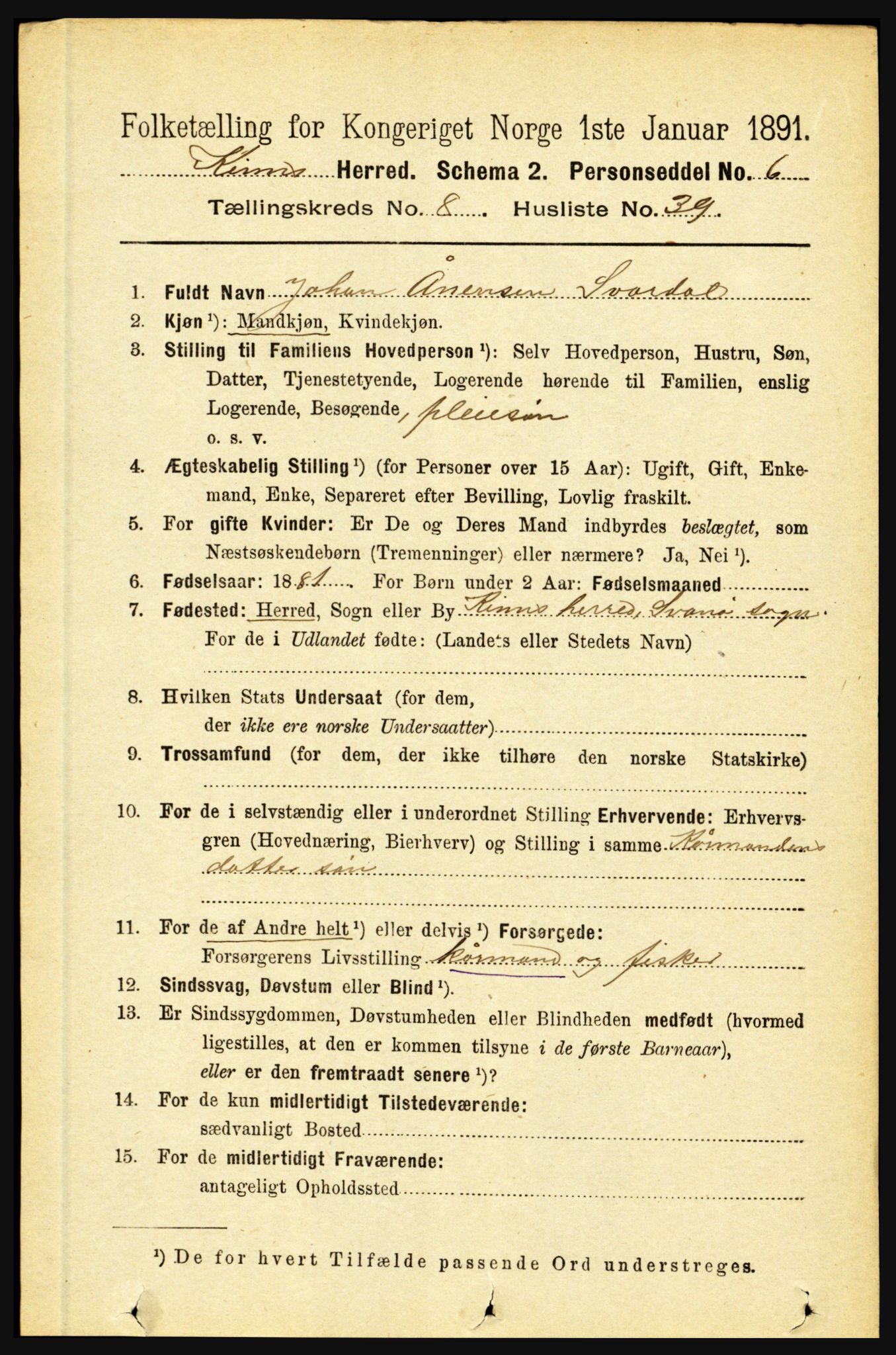 RA, 1891 census for 1437 Kinn, 1891, p. 3358