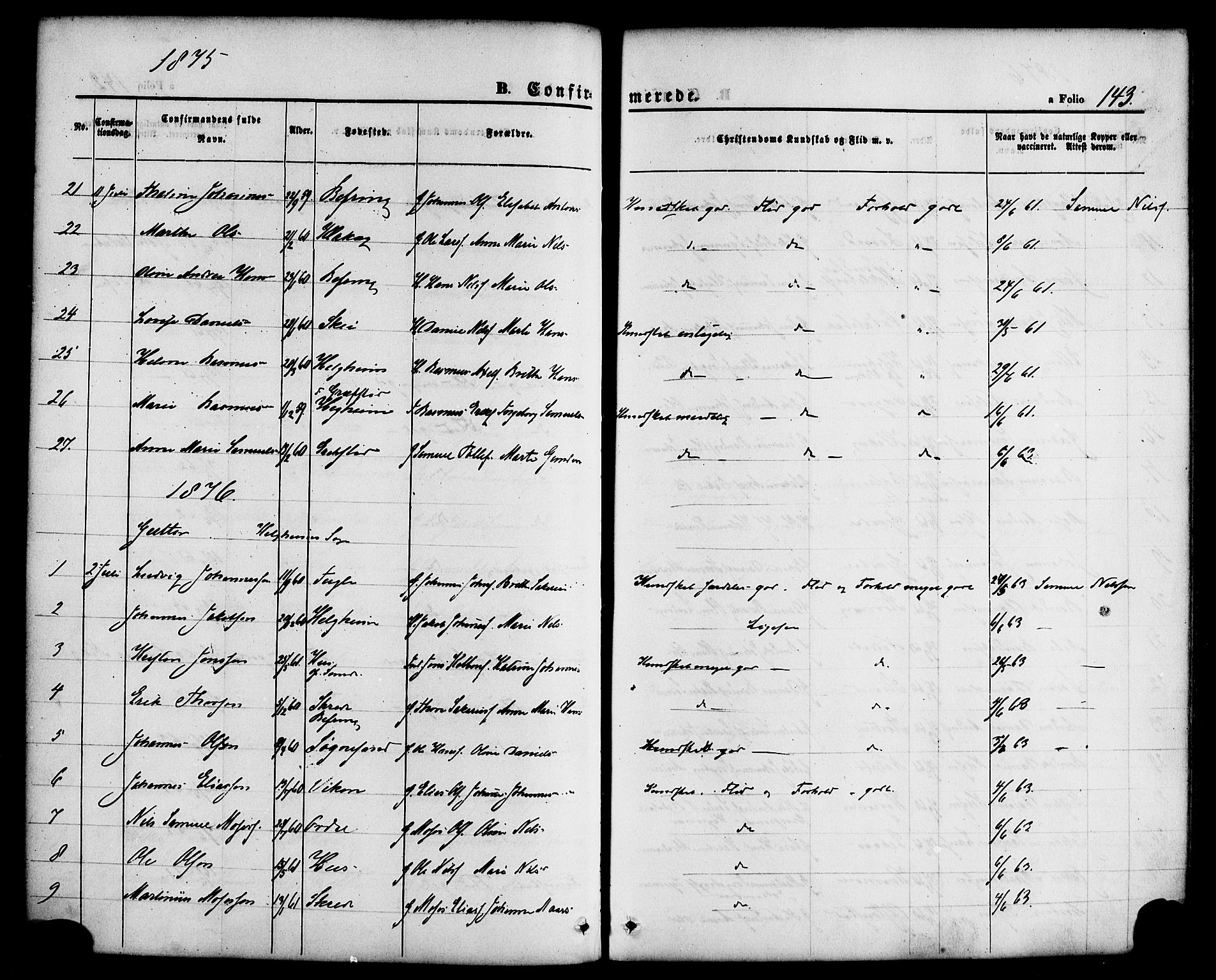 Jølster sokneprestembete, SAB/A-80701/H/Haa/Haaa/L0011: Parish register (official) no. A 11, 1866-1881, p. 143