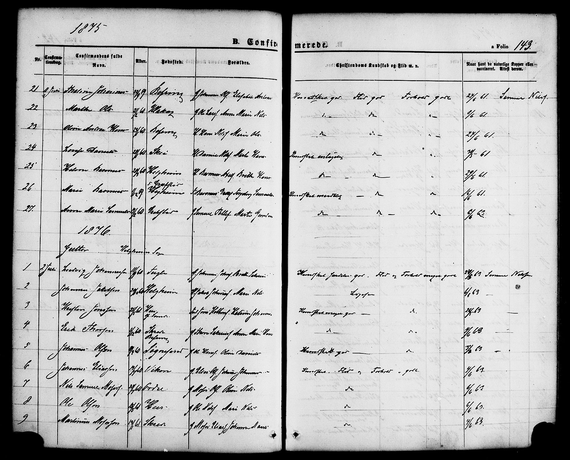 Jølster sokneprestembete, AV/SAB-A-80701/H/Haa/Haaa/L0011: Parish register (official) no. A 11, 1866-1881, p. 143