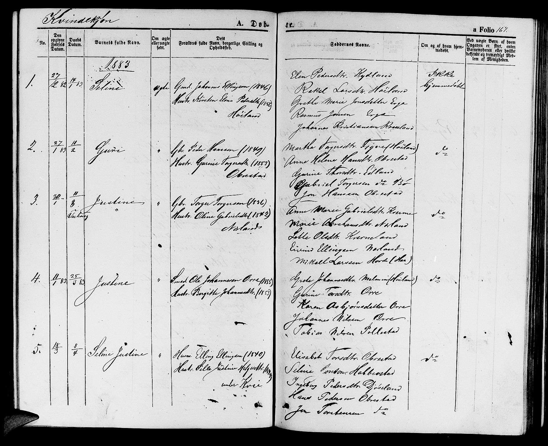 Hå sokneprestkontor, AV/SAST-A-101801/001/30BB/L0001: Parish register (copy) no. B 1, 1854-1883, p. 167