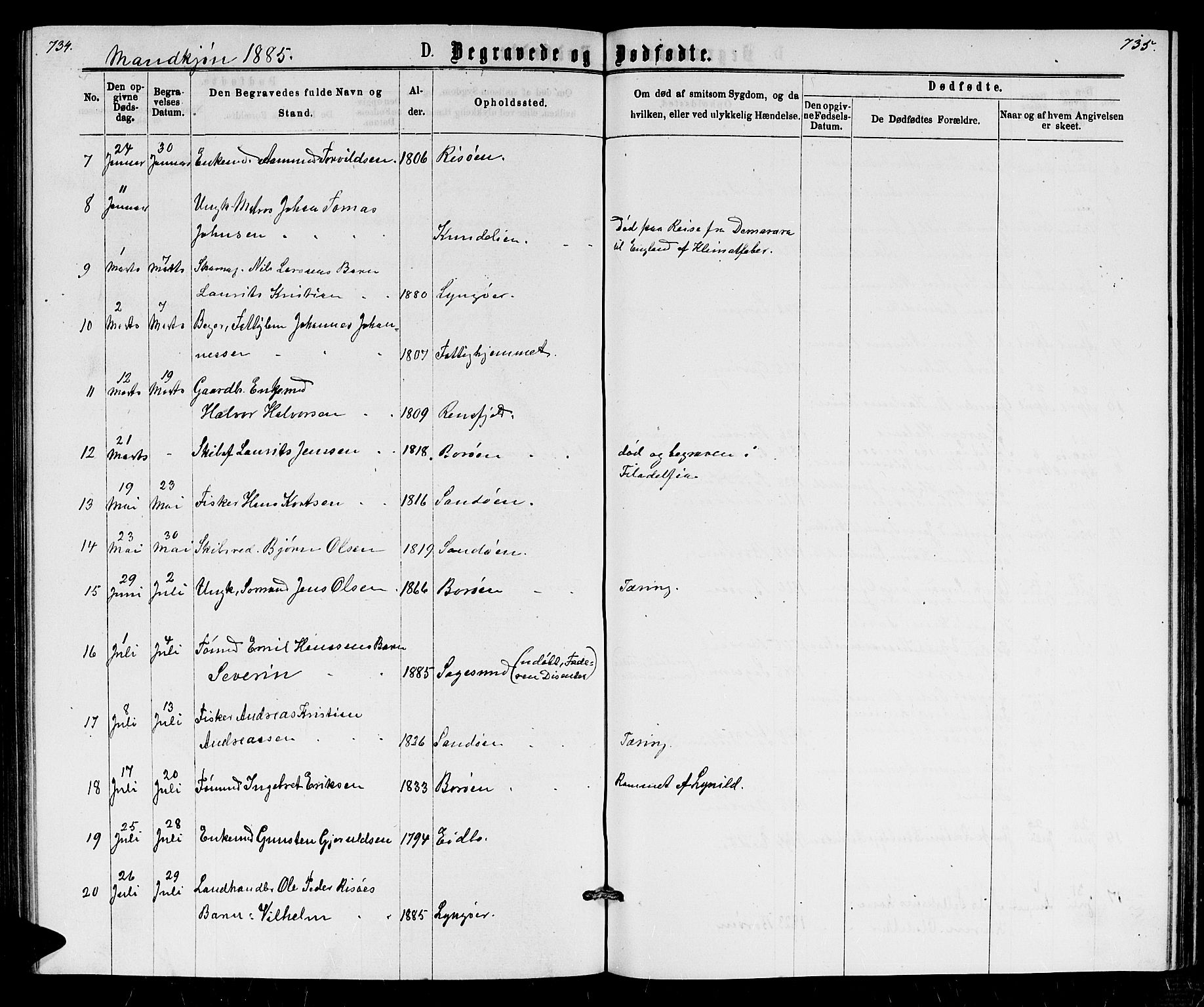 Dypvåg sokneprestkontor, AV/SAK-1111-0007/F/Fb/Fba/L0012: Parish register (copy) no. B 12, 1872-1886, p. 734-735