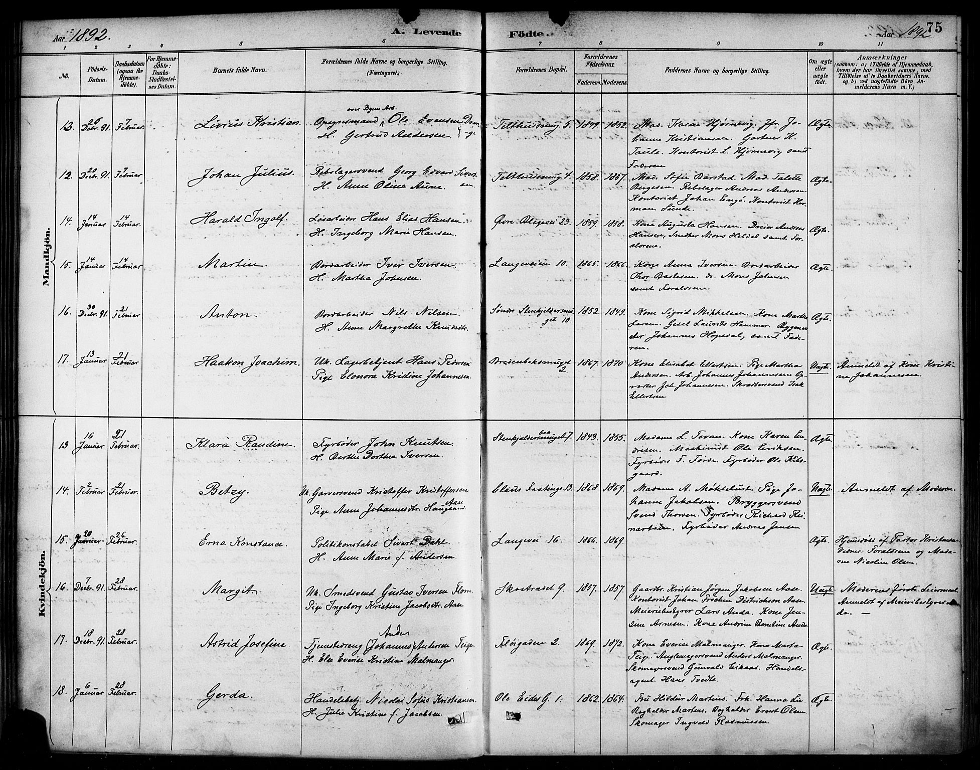 Korskirken sokneprestembete, SAB/A-76101/H/Haa/L0022: Parish register (official) no. B 8, 1889-1899, p. 75