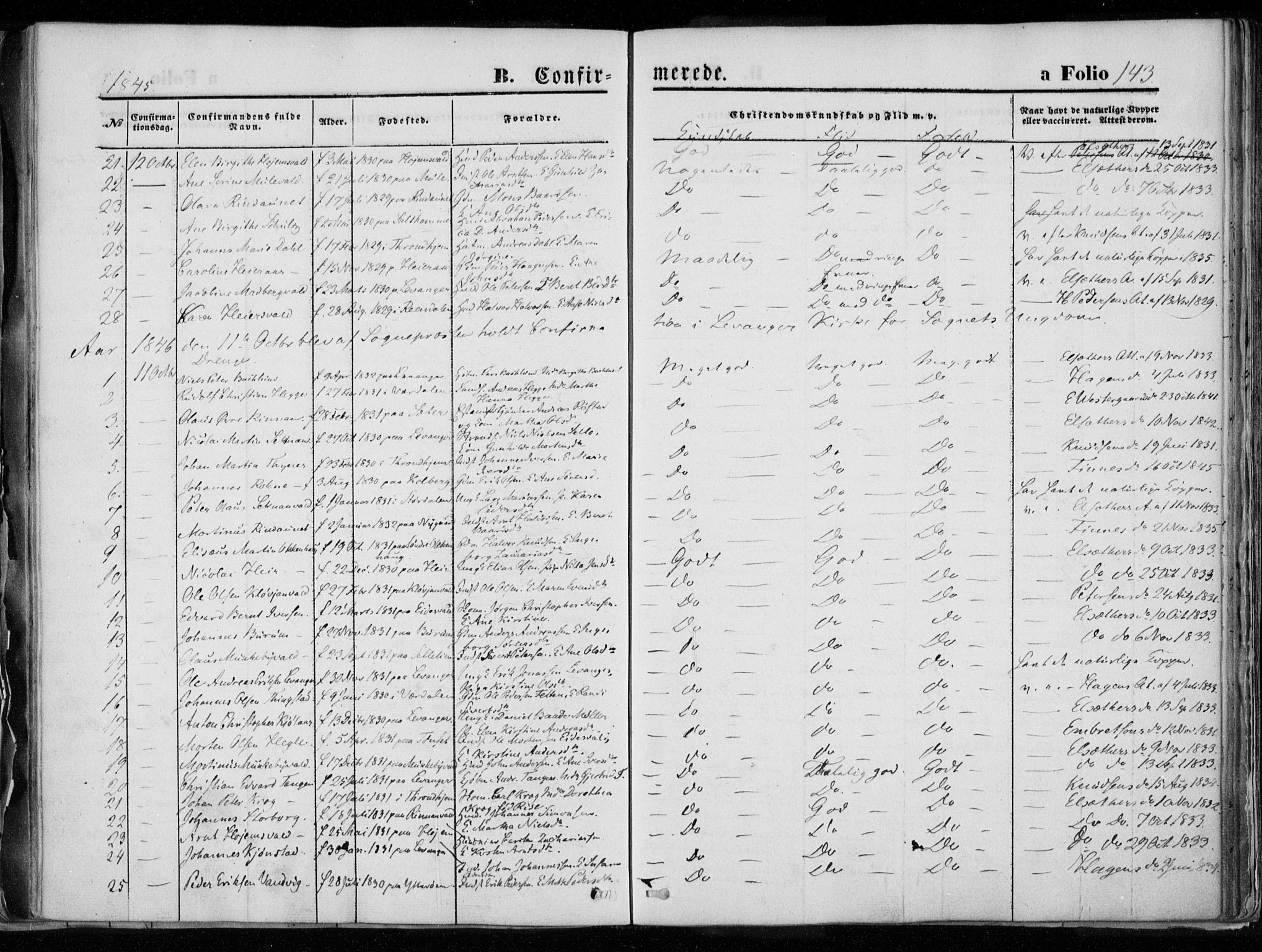 Ministerialprotokoller, klokkerbøker og fødselsregistre - Nord-Trøndelag, SAT/A-1458/720/L0183: Parish register (official) no. 720A01, 1836-1855, p. 143