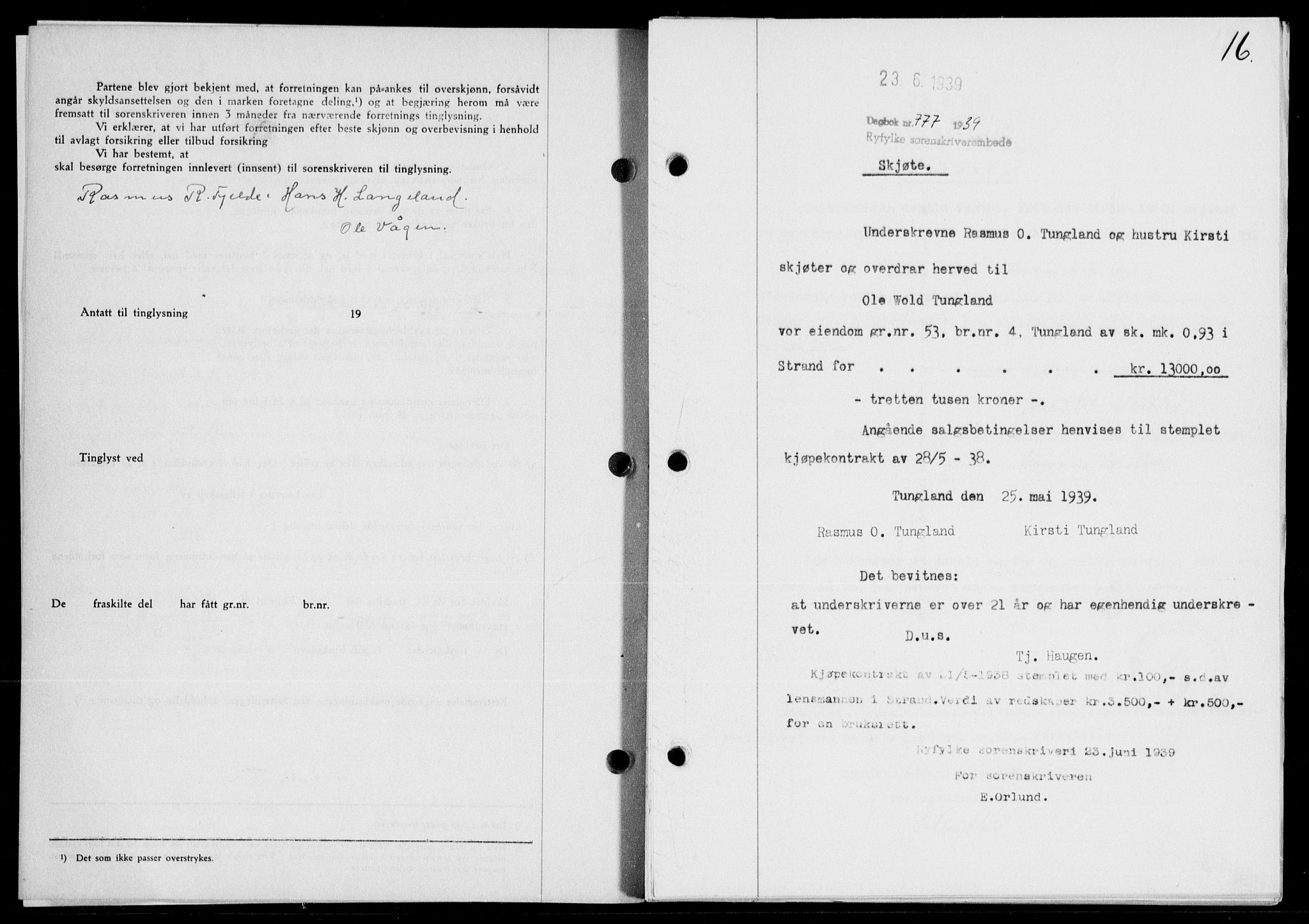 Ryfylke tingrett, AV/SAST-A-100055/001/II/IIB/L0080: Mortgage book no. 59, 1939-1939, Diary no: : 777/1939