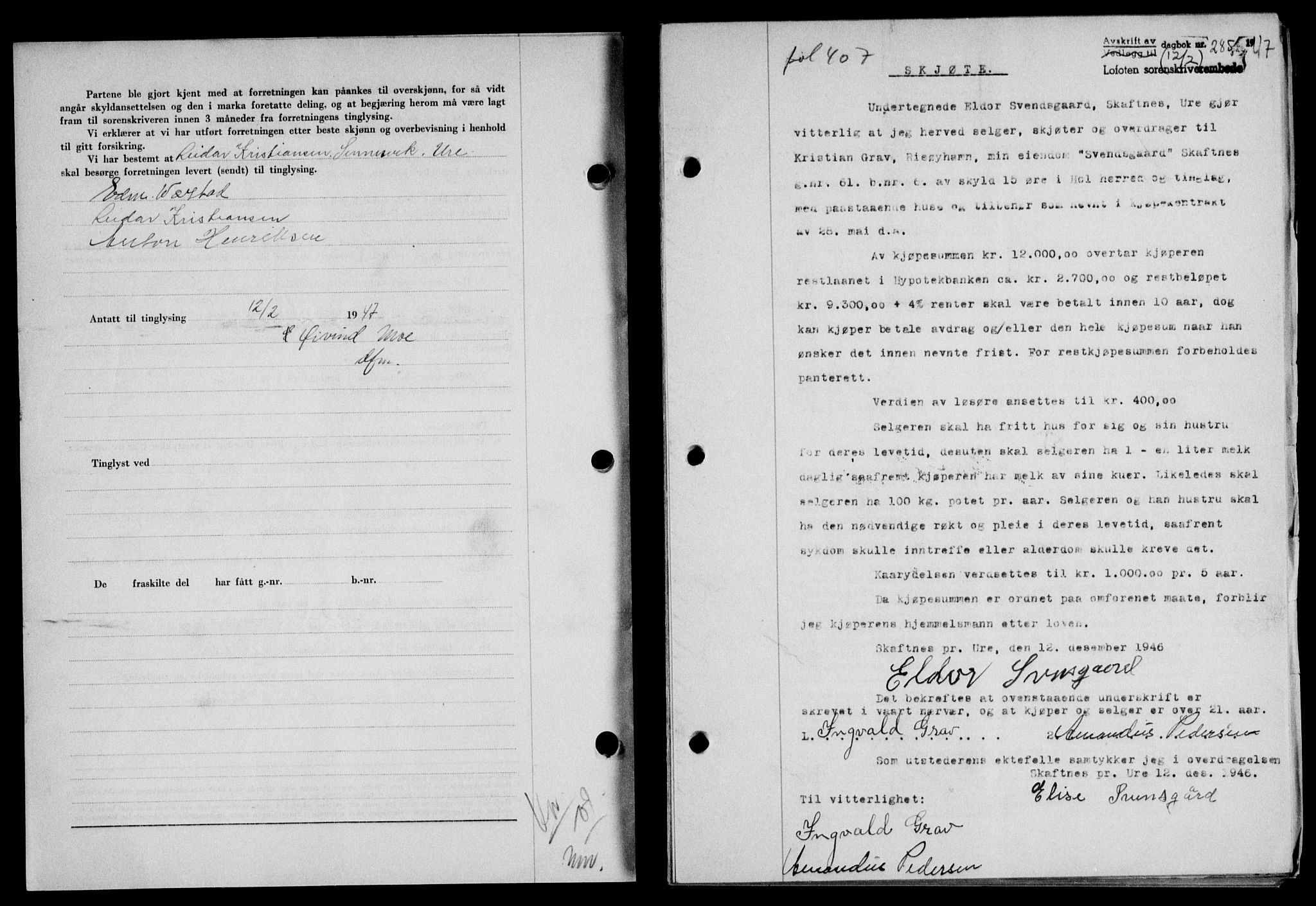 Lofoten sorenskriveri, SAT/A-0017/1/2/2C/L0015a: Mortgage book no. 15a, 1946-1947, Diary no: : 285/1947