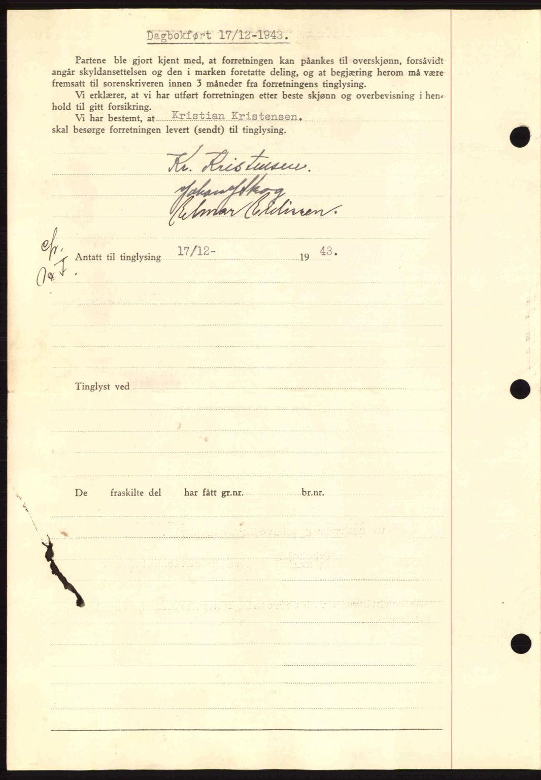 Steigen og Ofoten sorenskriveri, AV/SAT-A-0030/1/2/2C: Mortgage book no. A9-12, 1942-1946, Diary no: : 1843/1943