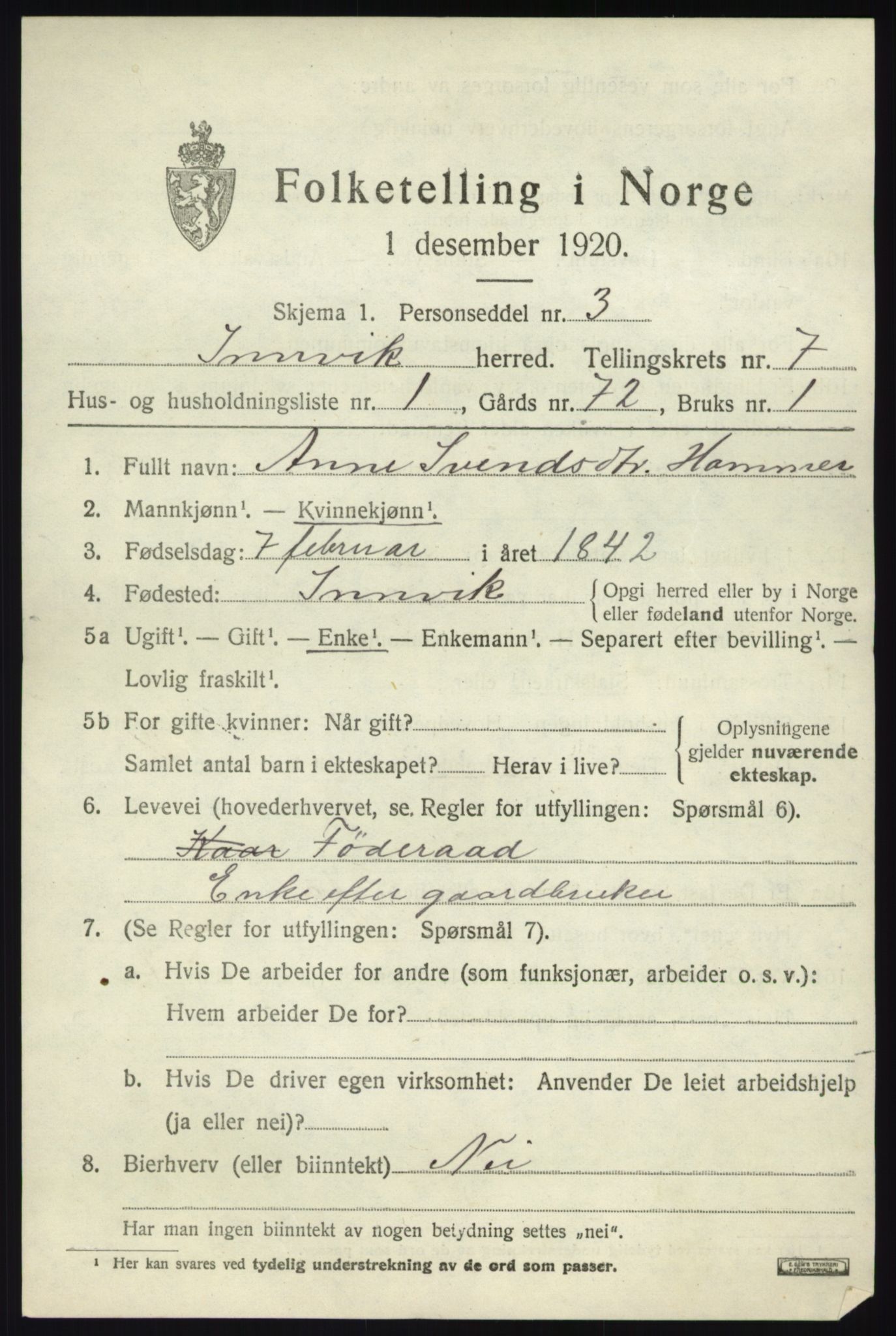 SAB, 1920 census for Innvik, 1920, p. 3151