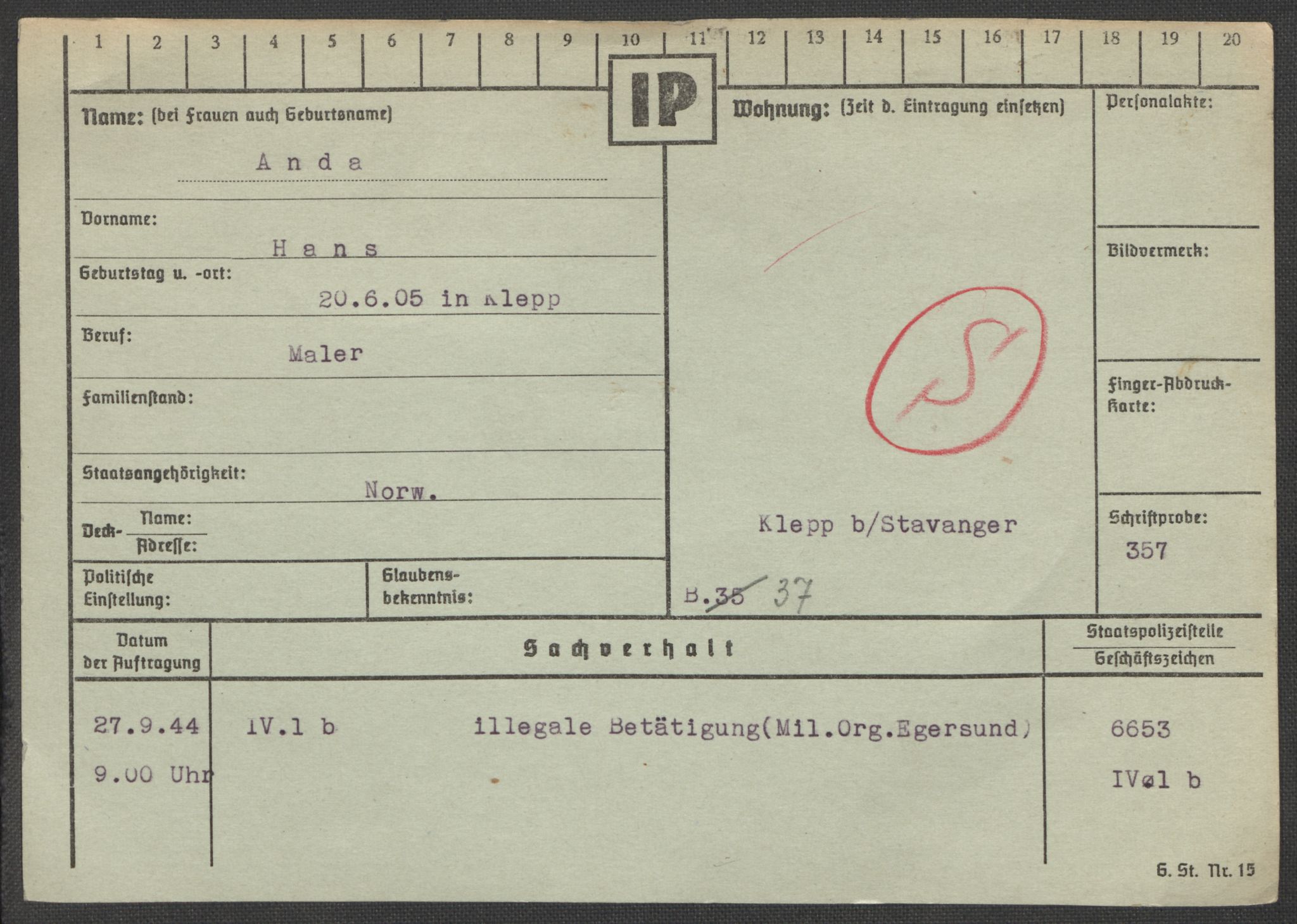 Befehlshaber der Sicherheitspolizei und des SD, RA/RAFA-5969/E/Ea/Eaa/L0001: Register over norske fanger i Møllergata 19: A-Bj, 1940-1945, p. 142